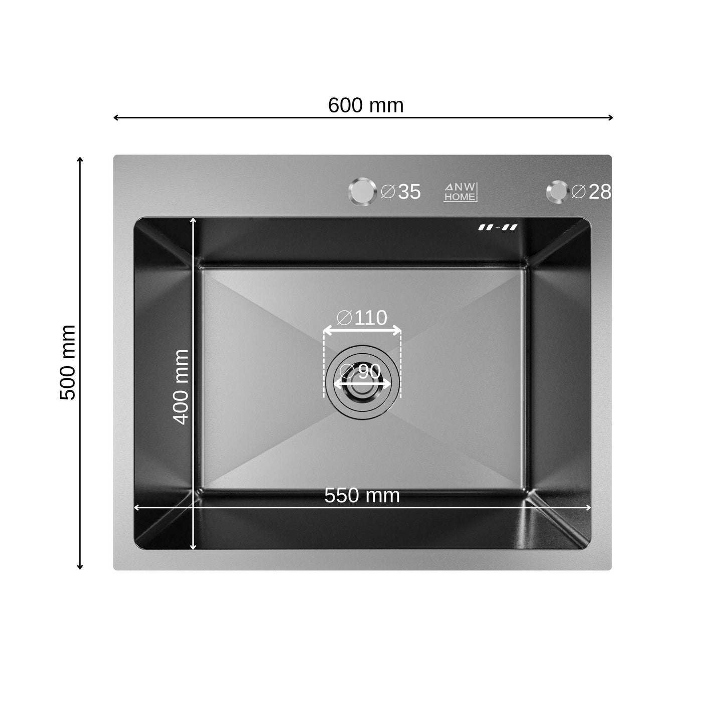 ANW HOME chiuvetă de bucătărie, chiuvetă cu o singură cuvă, oțel inoxidabil 60x50 cm, grafit, strat nano, grosime 3,0/1 mm, adâncime 22 cm, montaj pe blat, cu sifon