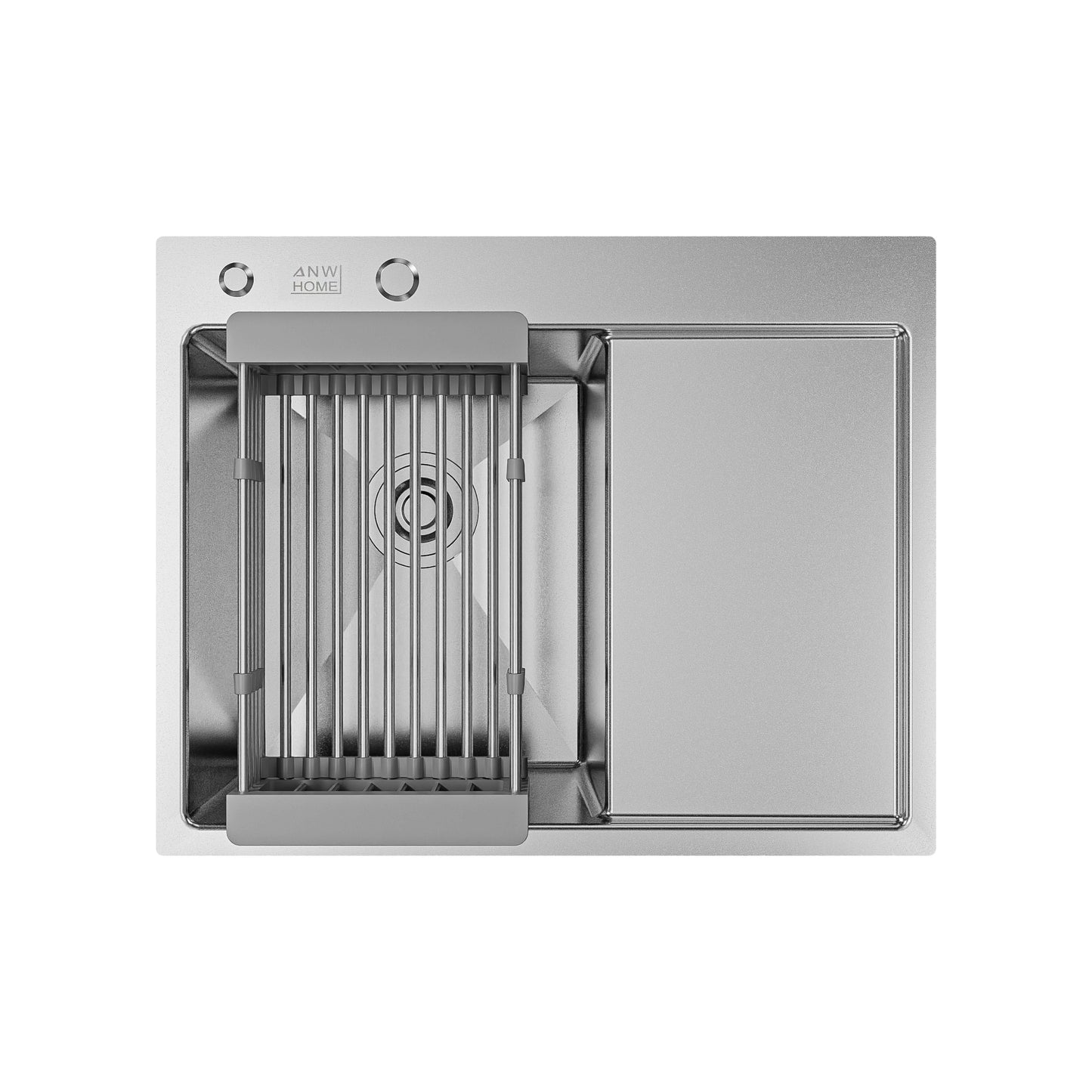 ANW HOME Spülbecken, Spülbecken Edelstahl, Einbauspüle mit Abtropffläche, Küchenspüle 63x50 cm, Silber, Nano-Beschichtung, Stärke 3,0+1 mm, 22 cm tief, mit Siphon, Seifenspender und Korb