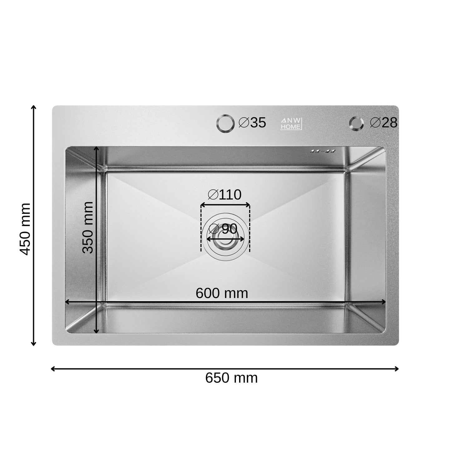 ANW HOME Spülbecken Küchenspüle 65x45 cm, Einbauspüle Edelstahl in Silber, Spüle  mit Nano-Oberfläche, Stärke 3,0+1 mm, mit Siphon Seifenspender und Korb