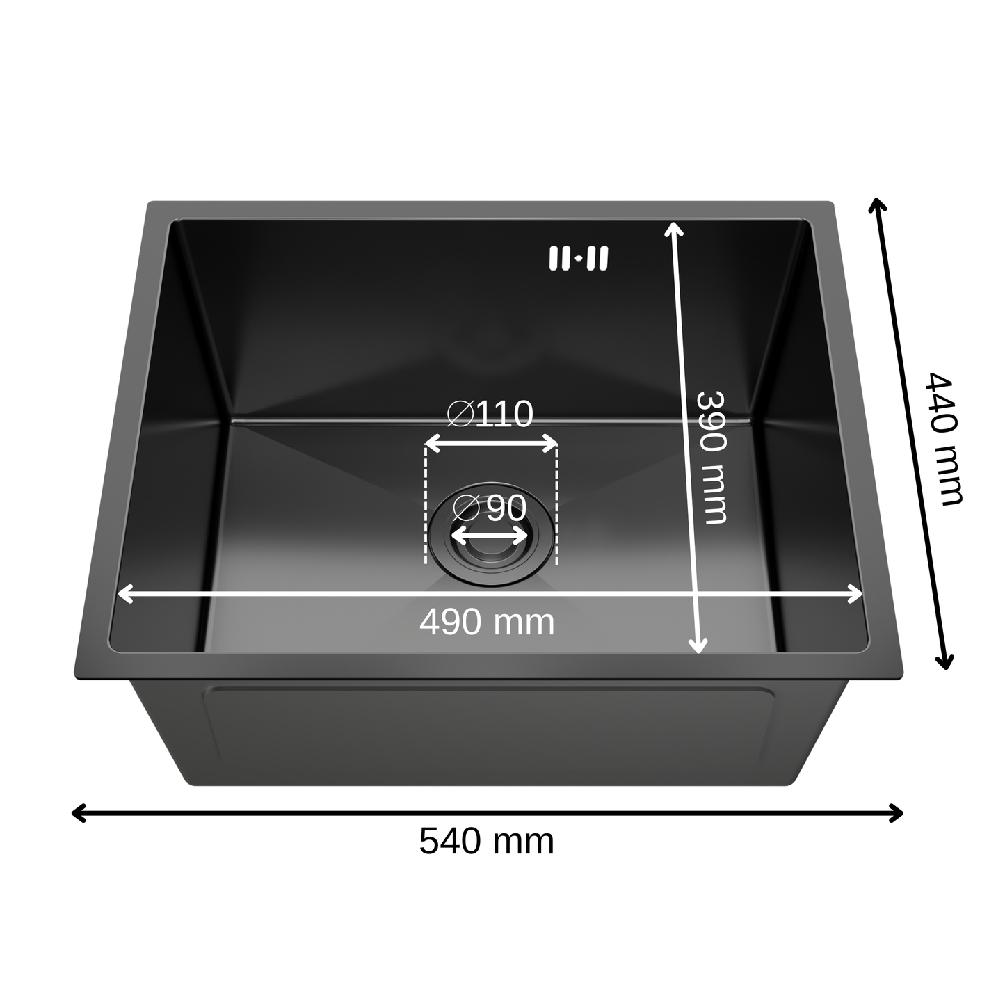 ANW HOME Spülbecken Küche Küchenspüle 1 Becken Unterbau Edelstahl 304 54x44 cm Graphit PVD Nano-Beschichtung Stärke 3,0/1 mm mit Siphon