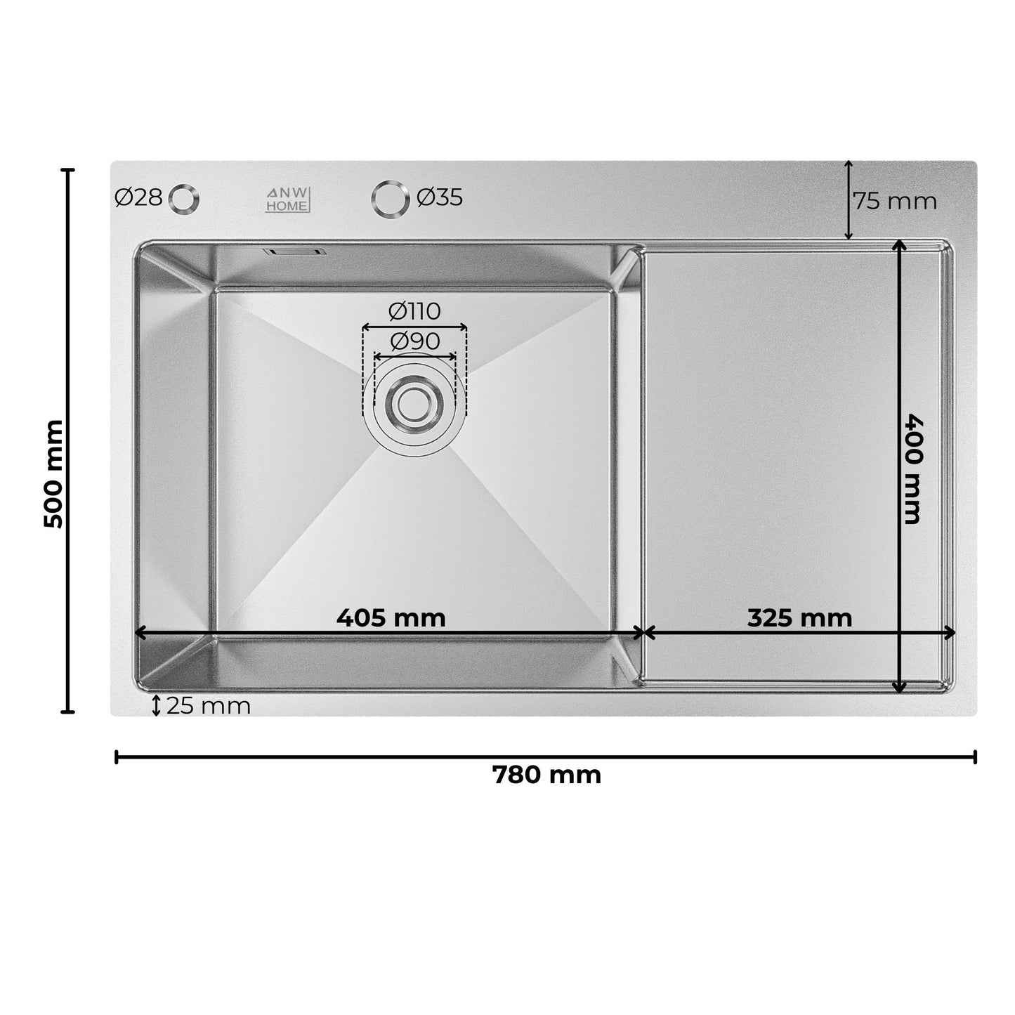 ANW HOME Fregadero Cocina 1 Seno, sobre Encimera con Escurridor, Fregadero Cocina Acero Inoxidable 304, 78x50 cm, Plata, Acabado Nano, Grosor 3,0/1 mm, con Sifón y Dispensador