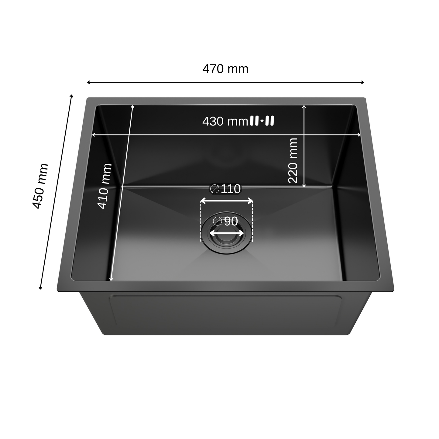 ANW HOME Spülbecken 47x45 cm, Küchenspüle als Unterbauspüle mit 1 Becken, Graphit PVD, Nano-Beschichtung, Stärke 3.0+1 mm, mit Siphon