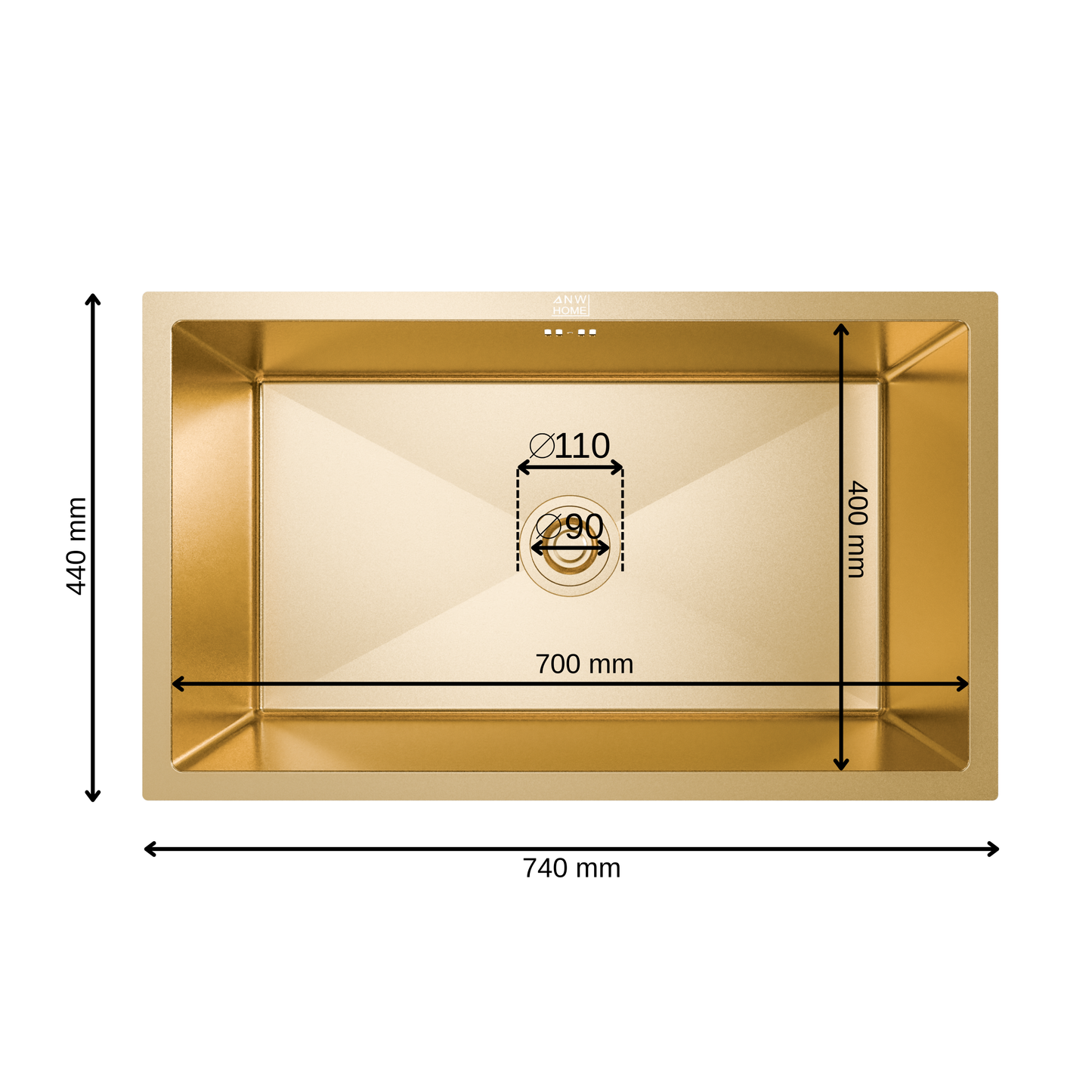 ANW HOME Spülbecken Küche 1 Becken Unterbau Spülbecken Edelstahl 304 74x44 cm Gold PVD Nano-Beschichtung Stärke 3+1 mm mit Siphon