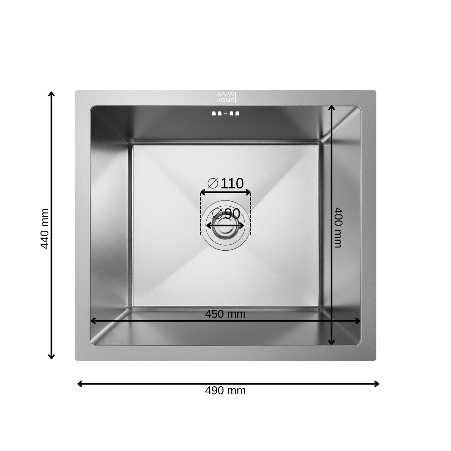 ANW HOME Küchenspüle Edelstahl, Spülbecken Küche 49x44 cm, Unterbauspüle 1 Becken, Spüle , Tiefe 22 cm, Stärke 3.0+1 mm, Nano-Beschichtung, mit Siphon
