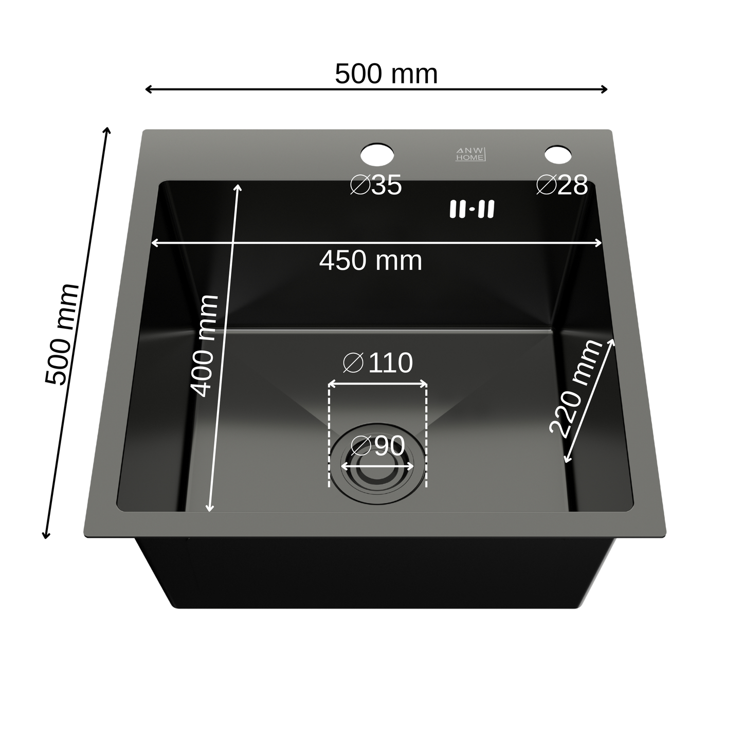 ANW HOME Lavello Cucina 1 Vasca Acciaio Inox 50x50 cm Senza Gocciolatoio, Grafite PVD con Rivestimento Nano, Spessore 3,0+1 mm, Profondità 22 cm, con Sifone