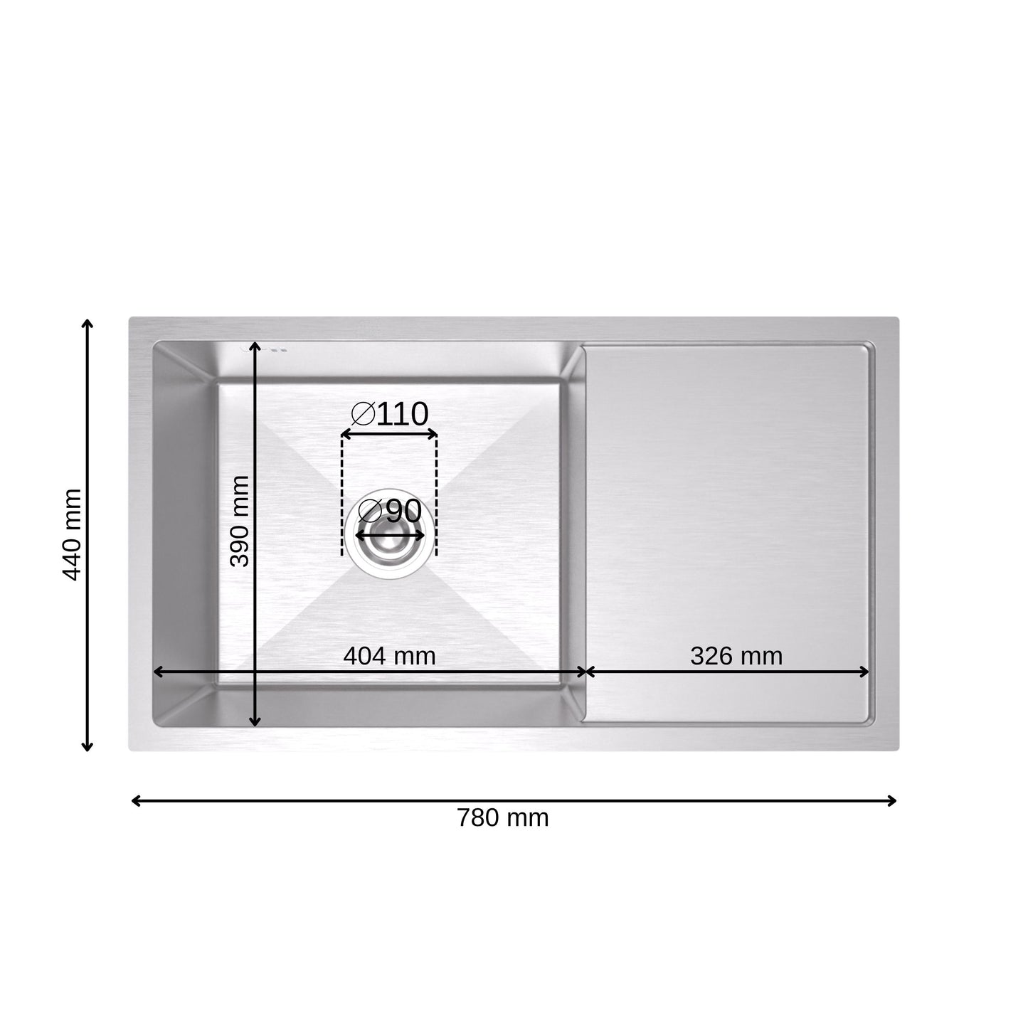 ANW HOME Lavello Cucina 1 Vasca, Lavandino Cucina Sottotop con Gocciolatoio, Acciaio Inox 304, 78x44 cm, Finitura con Nano-Rivestimento, Spessore 3.0+1 mm, Profondità 22 cm, con Sifone