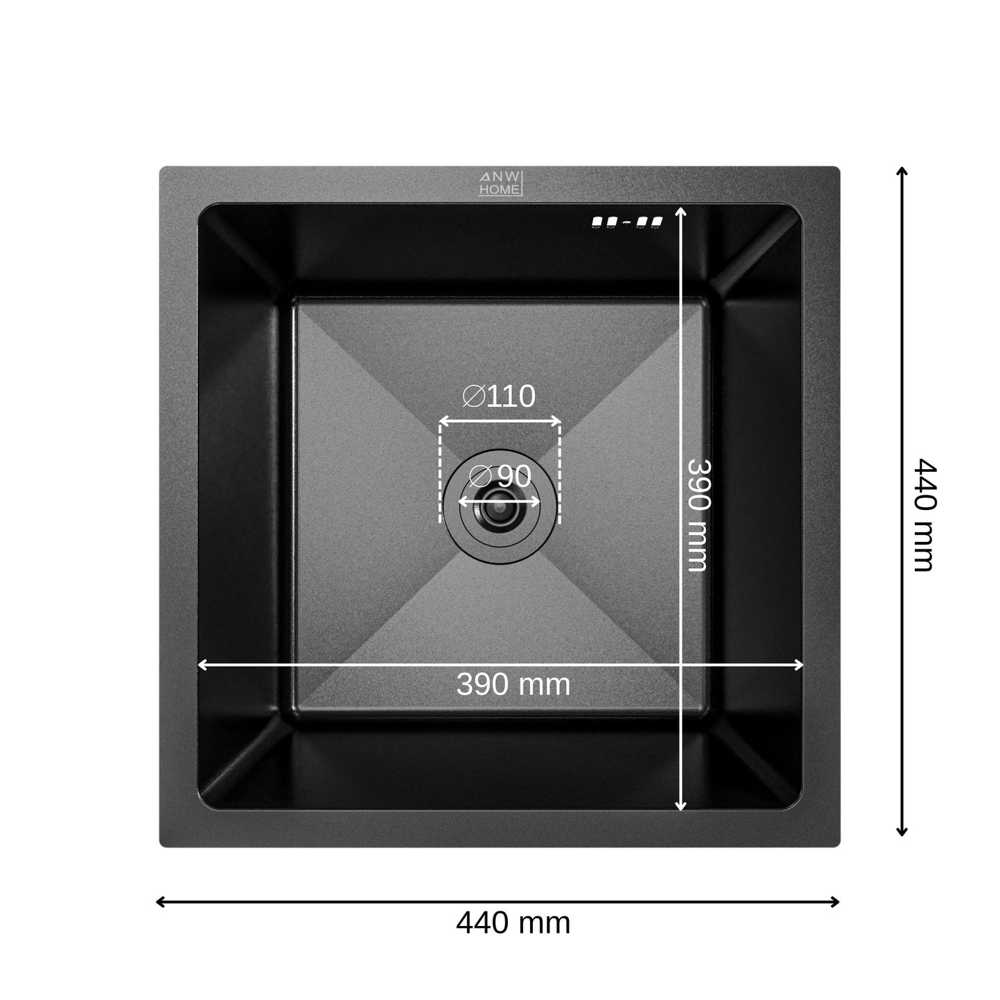 ANW HOME Spülbecken Küche Küchenspüle Unterbauspüle 1 Becken 44x44 cm Graphit PVD mit Nano-Beschichtung, Stärke 3.0+1 mm, mit Siphon