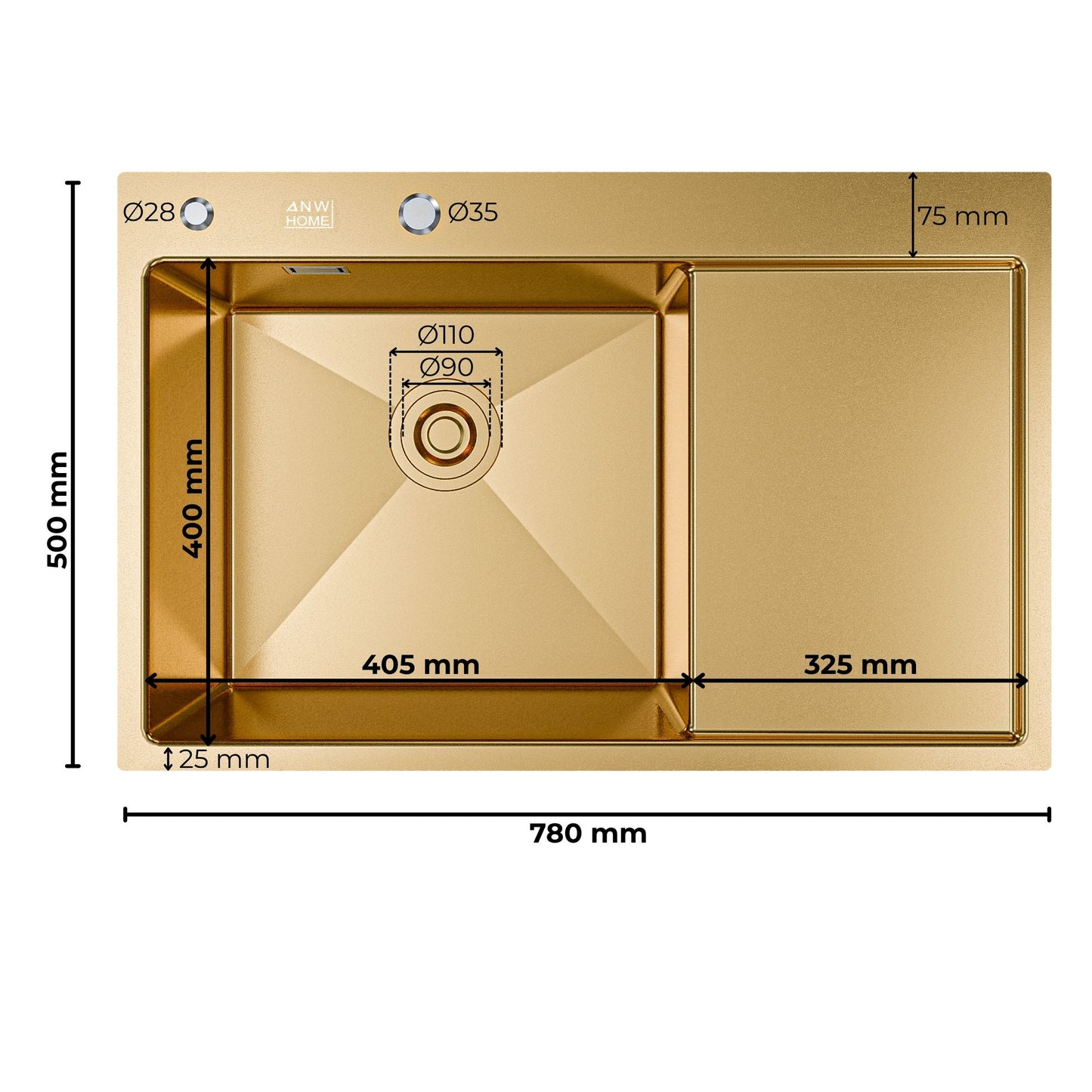 ANW HOME Spülbecken Küchenspüle Einbauspüle 1 Becken mit Abtropffläche Edelstahl 304 78x50 cm Gold PVD Nano-Beschichtung Stärke 3,0+1 mm mit Siphon, Seifenspender und Korb
