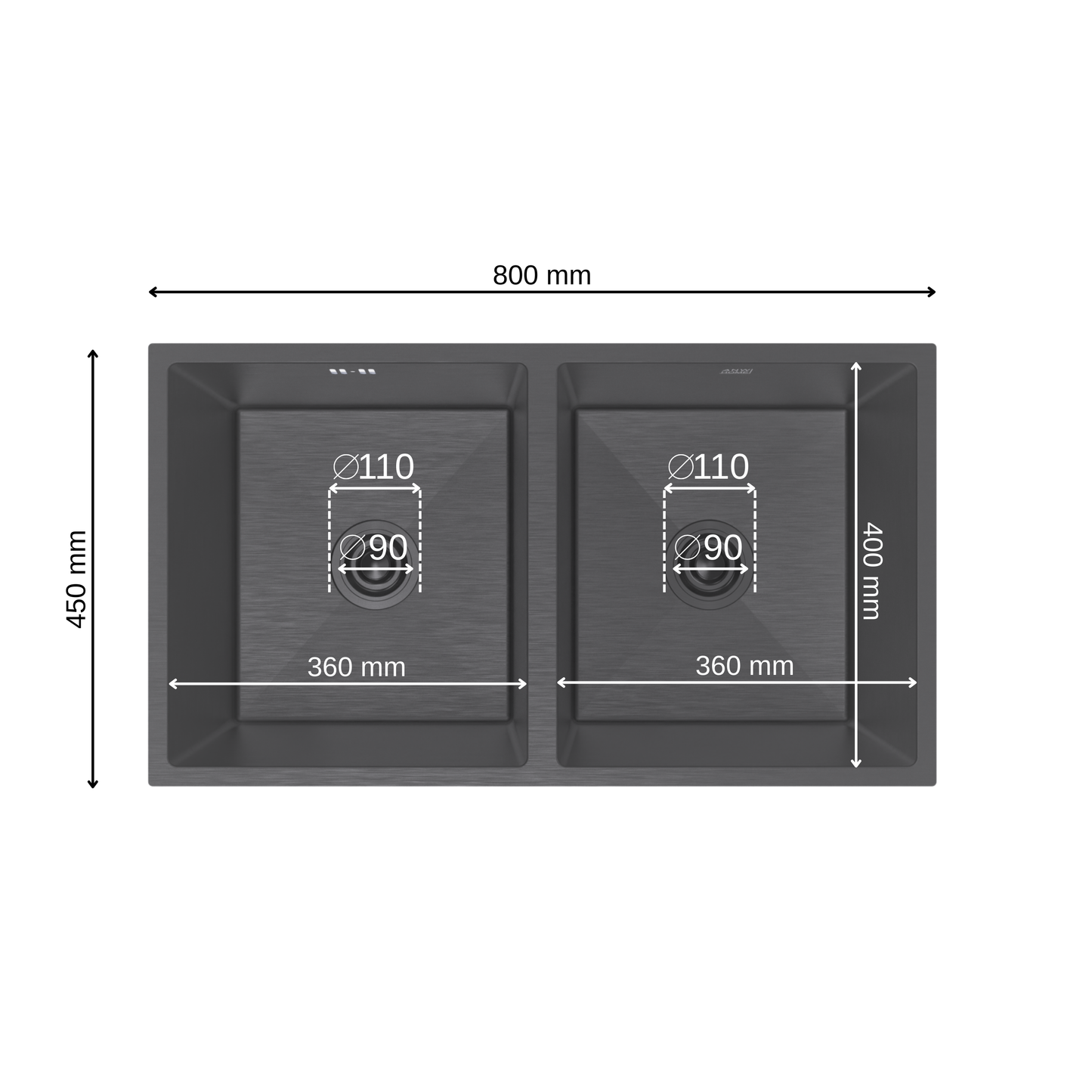 ANW HOME Evier Cuisine Inox, Evier Cuisine 2 Bacs Sous Plan 80x45 cm, Acier Inox 304, Graphite PVD, Nano-Revêtement, Épaisseur 3,0/1 mm, avec Siphon