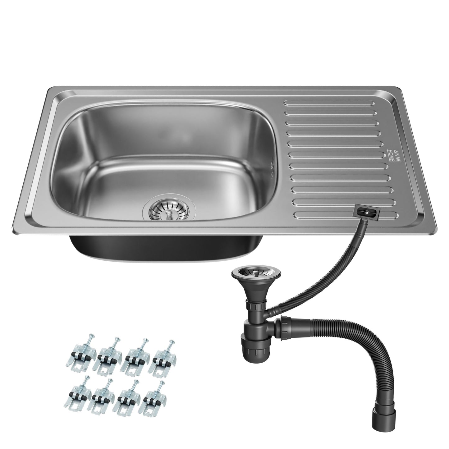 ANW HOME Kitchen Sink, Single Bowl with Drainer, Stainless Steel Sink 76x45 cm, Silver, Satin Finish, Thickness 0.6 mm, with Siphon