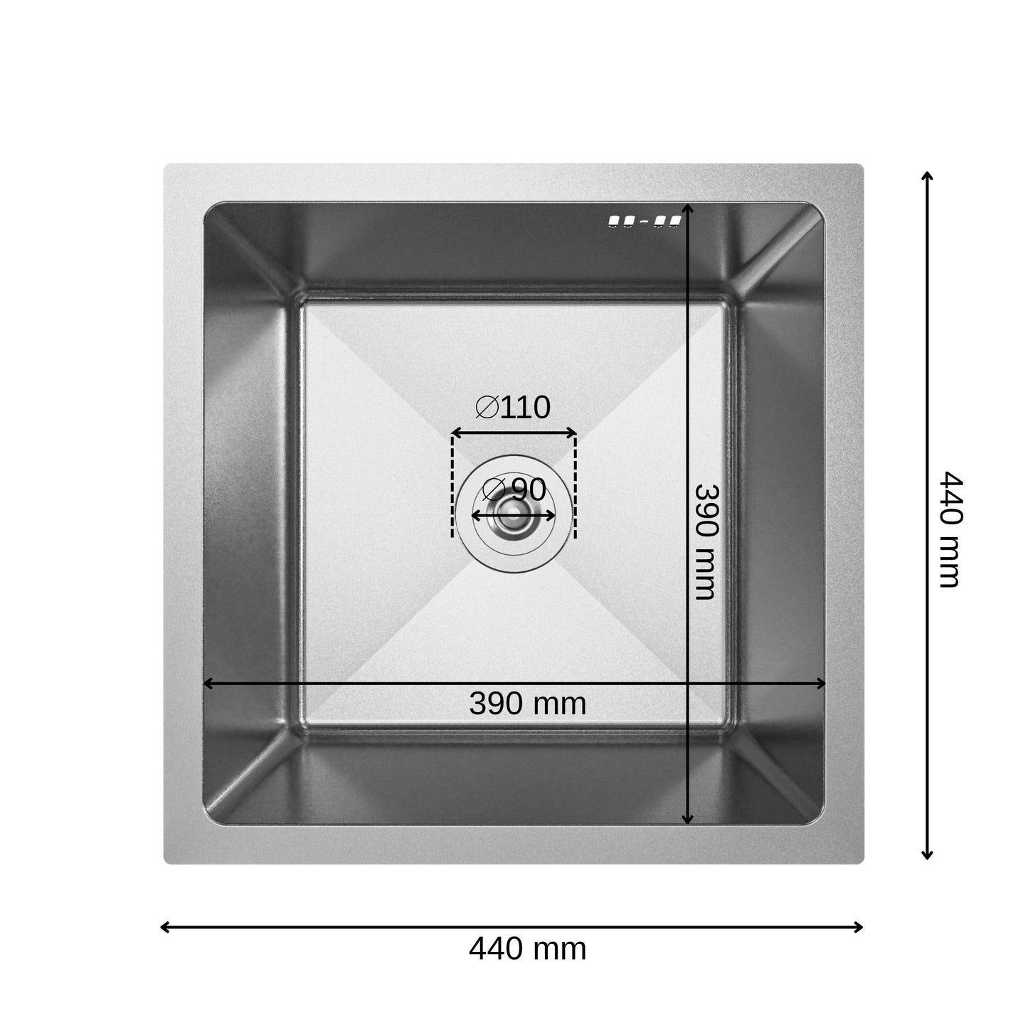ANW HOME kuchyňský dřez 44x44 cm, nerezový dřez, jednodřez pro spodní montáž, nano povrch, tloušťka 3,0+1 mm, se sifonem, stříbrný