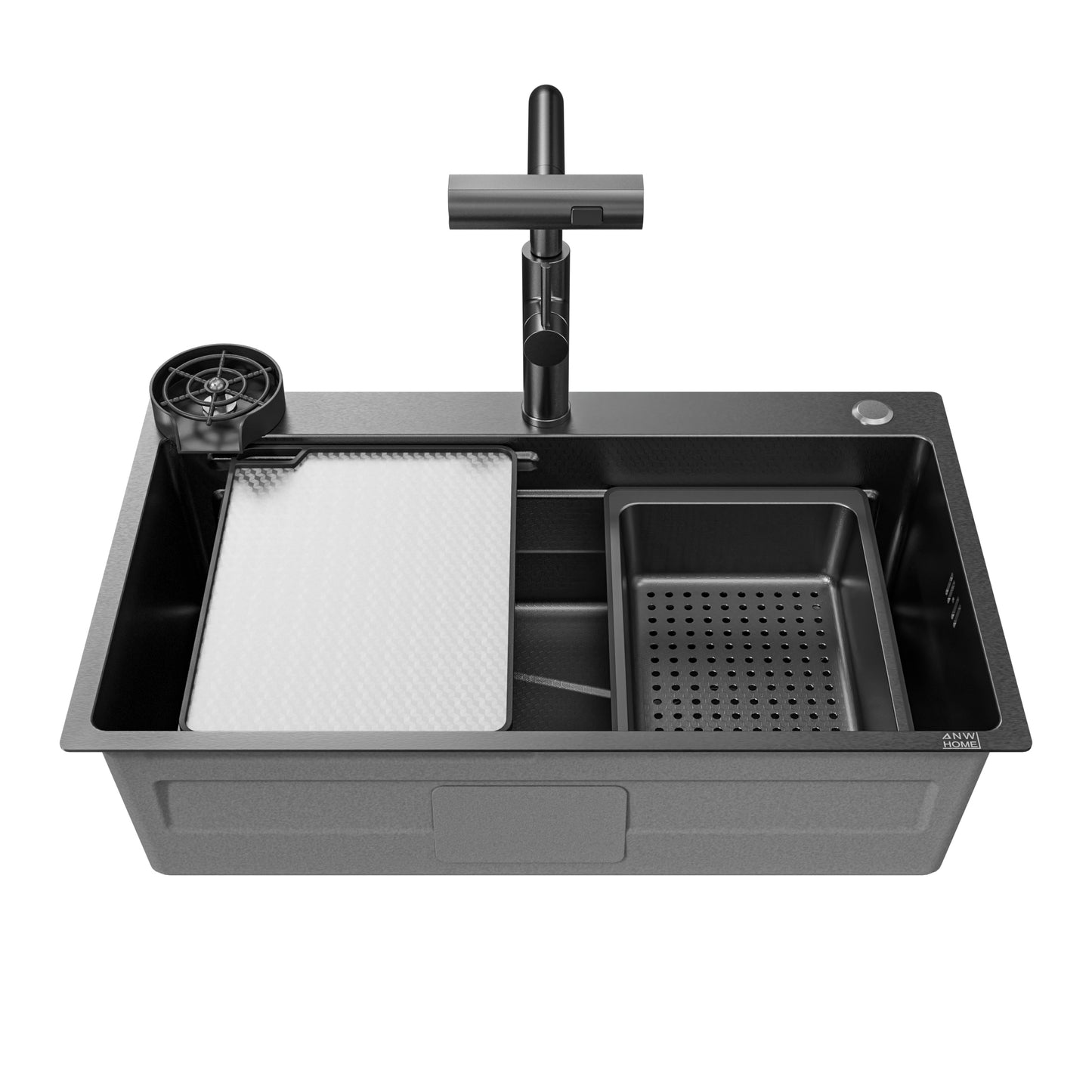 ANW HOME kuchyňský dřez, multifunkční jednodřez, nerezová ocel 304, 75x46 cm, grafit PVD, nano povrch proti poškrábání, 3/1 mm, hloubka 23 cm, s vodopádovou baterií a oplachovačem