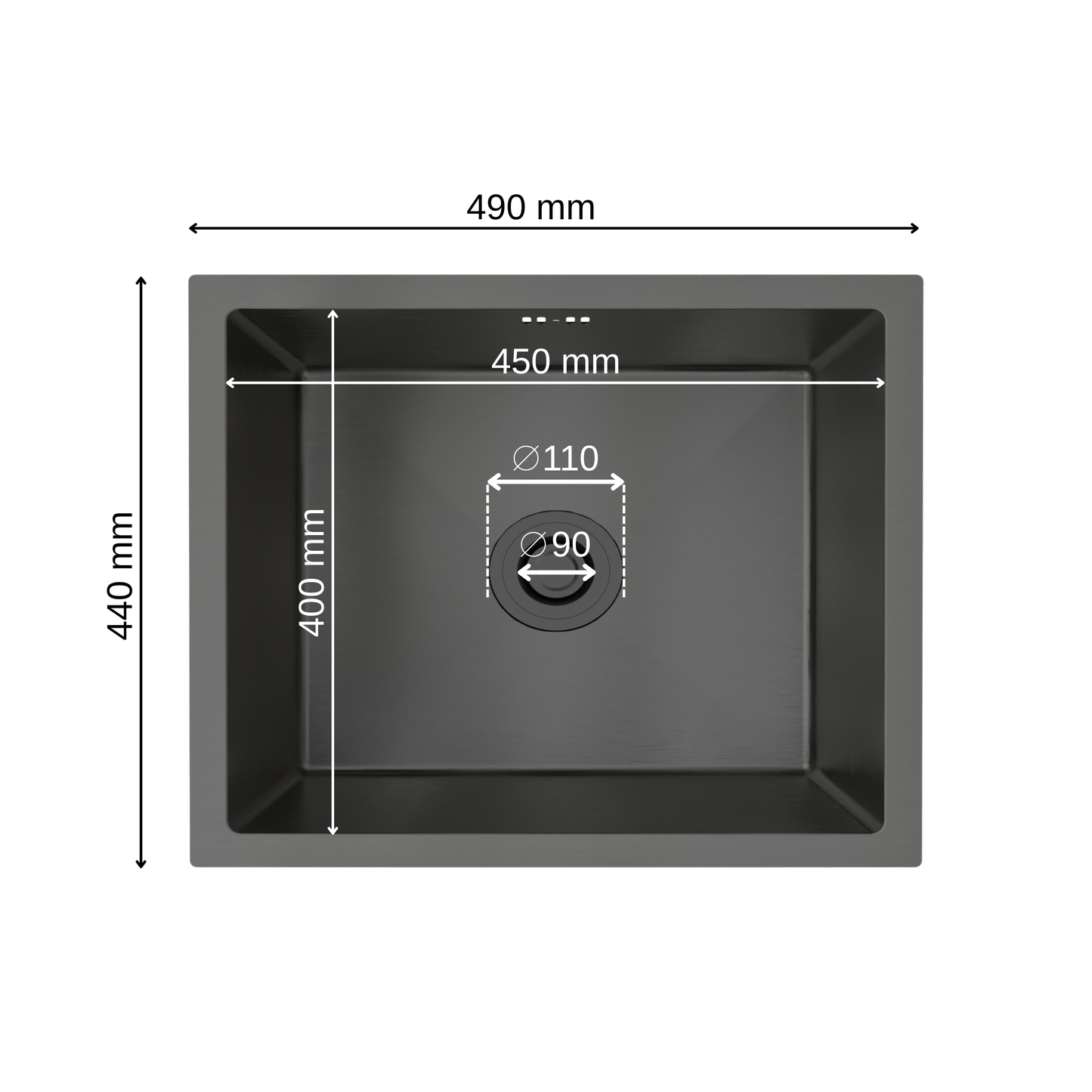 ANW HOME kuchynský drez, čierny nerezový drez na spodnú montáž 49x44 cm, jednodrez, hĺbka 22 cm, hrúbka 3,0+1 mm, nano povrch, so sifónom