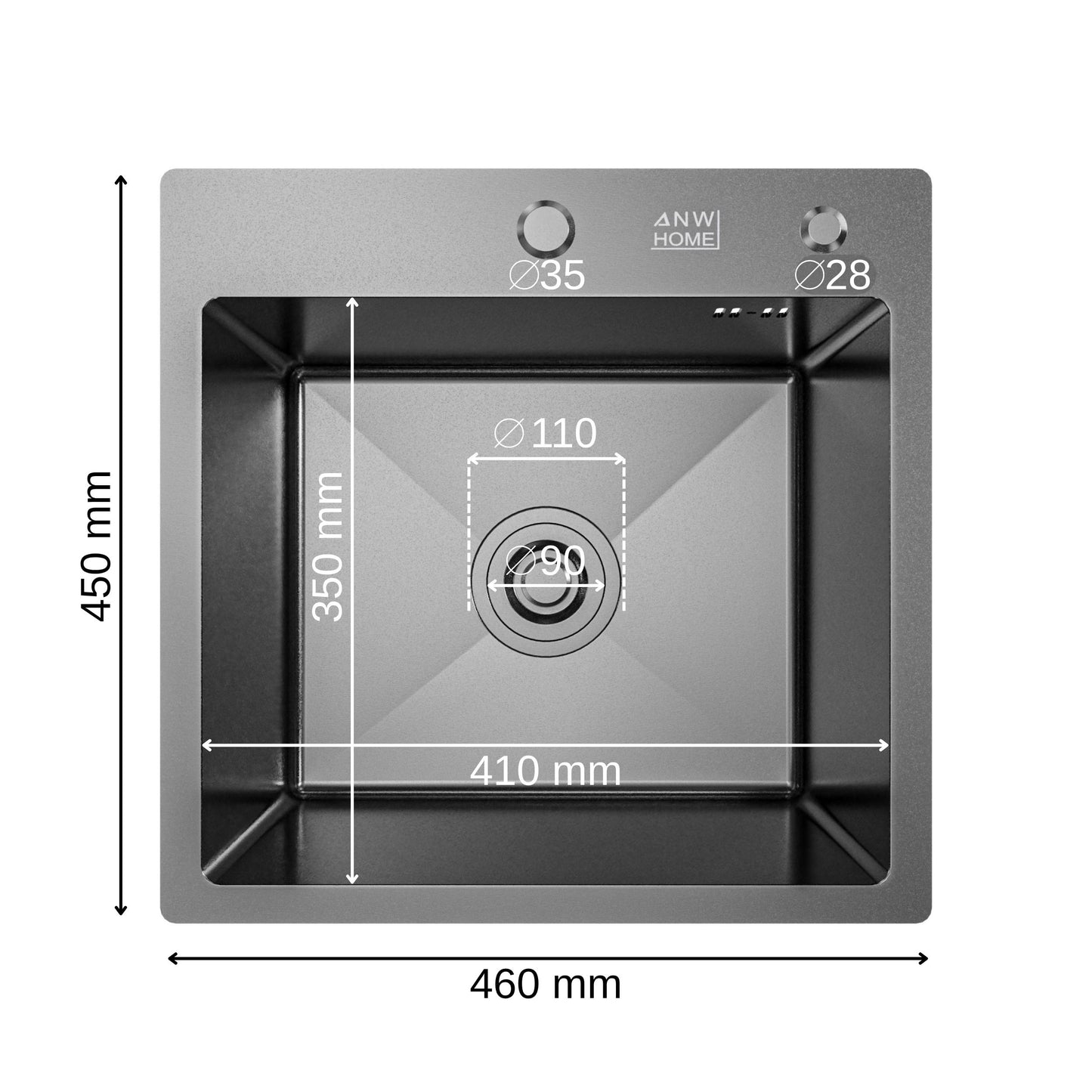 ANW HOME chiuvetă de bucătărie din oțel inoxidabil, chiuvetă cu o singură cuvă, încastrată, fără scurgător, 46x45 cm, grafit PVD cu strat nano, grosime 3,0/1 mm, adâncime cuvă 22 cm, cu sifon