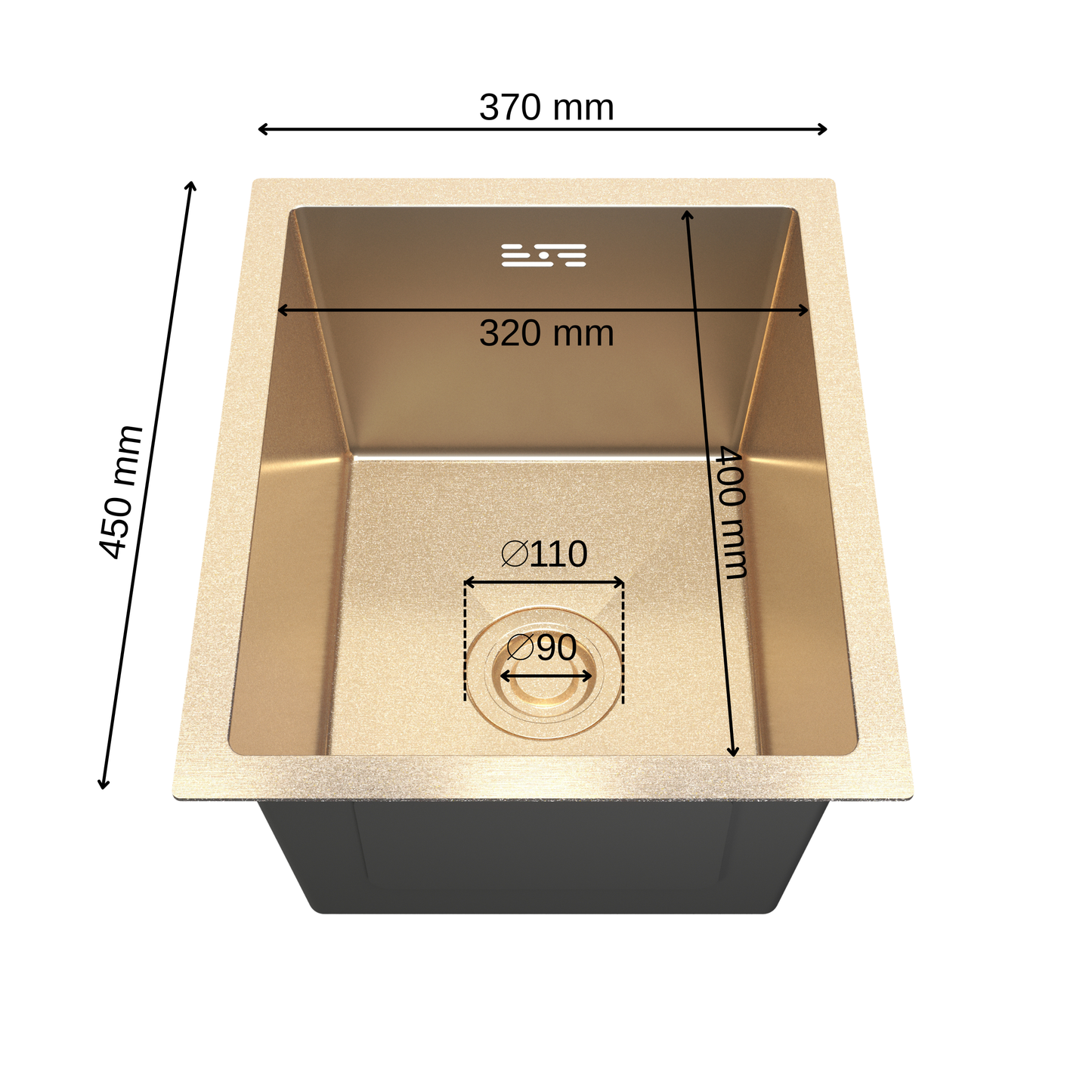 ANW HOME Spülbecken Küche Edelstahl, Küchenspüle  37x45 cm, Unterbau 1 Becken, Gold PVD, Nano-Beschichtung, Stärke 3,0+1 mm, Tiefe 22 cm, mit Siphon