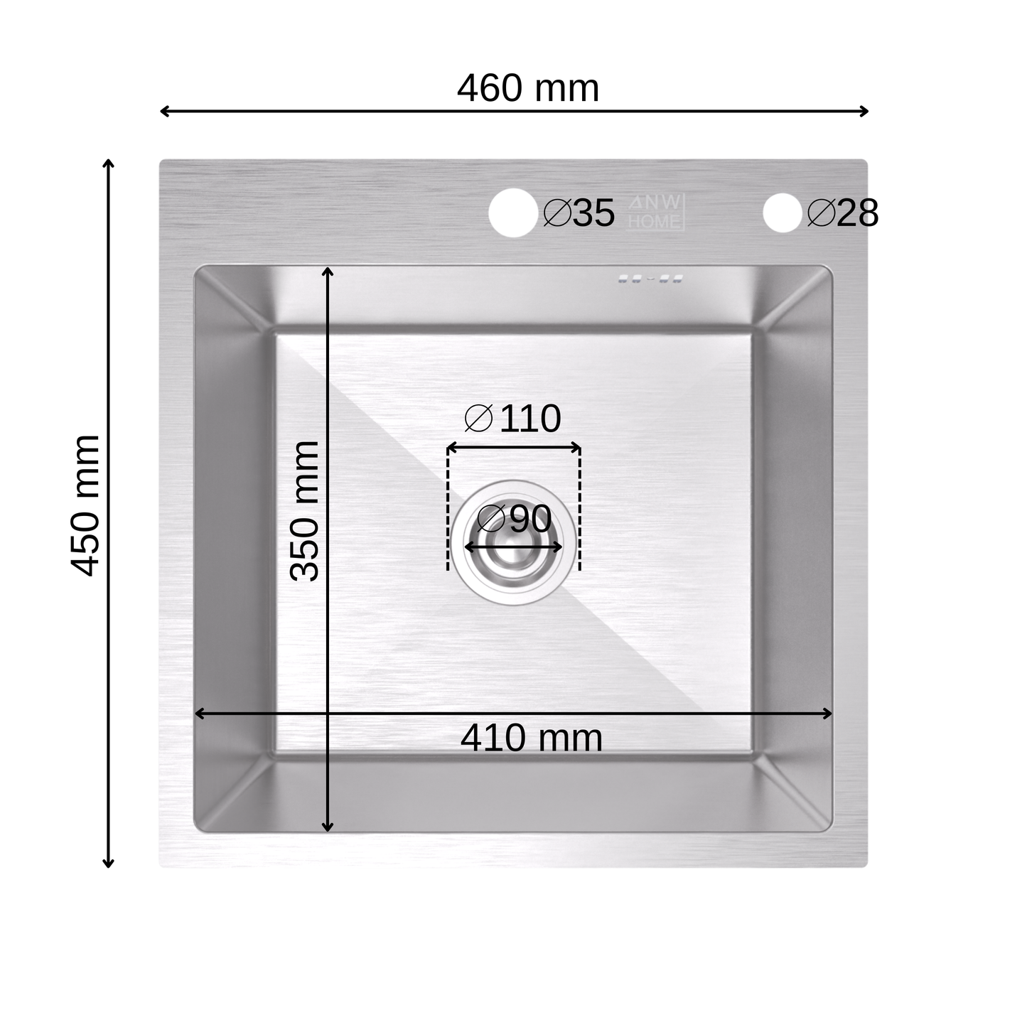 ANW HOME zlewozmywak kuchenny, zlewozmywak ze stali nierdzewnej 46x45 cm z powłoką nano, grubość 3,0+1 mm, jednokomorowy, montaż nablatowy, srebrny, z syfonem, dozownikiem na płyn i koszykiem