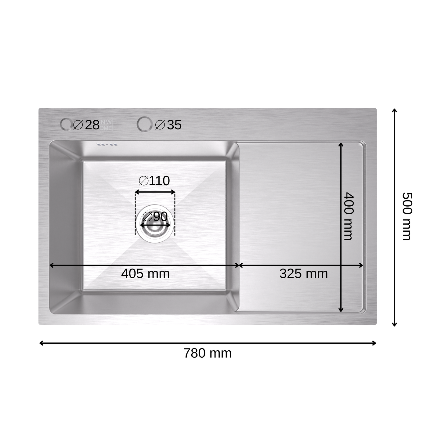 ANW HOME Kitchen Sink, Single Bowl Kitchen Sink with Drainer, Stainless Steel 304, 78x50 cm, Silver, Nano-Coated Finish, Thickness 3.0/1 mm, Topmount, with Waste Trap and Soap Dispenser