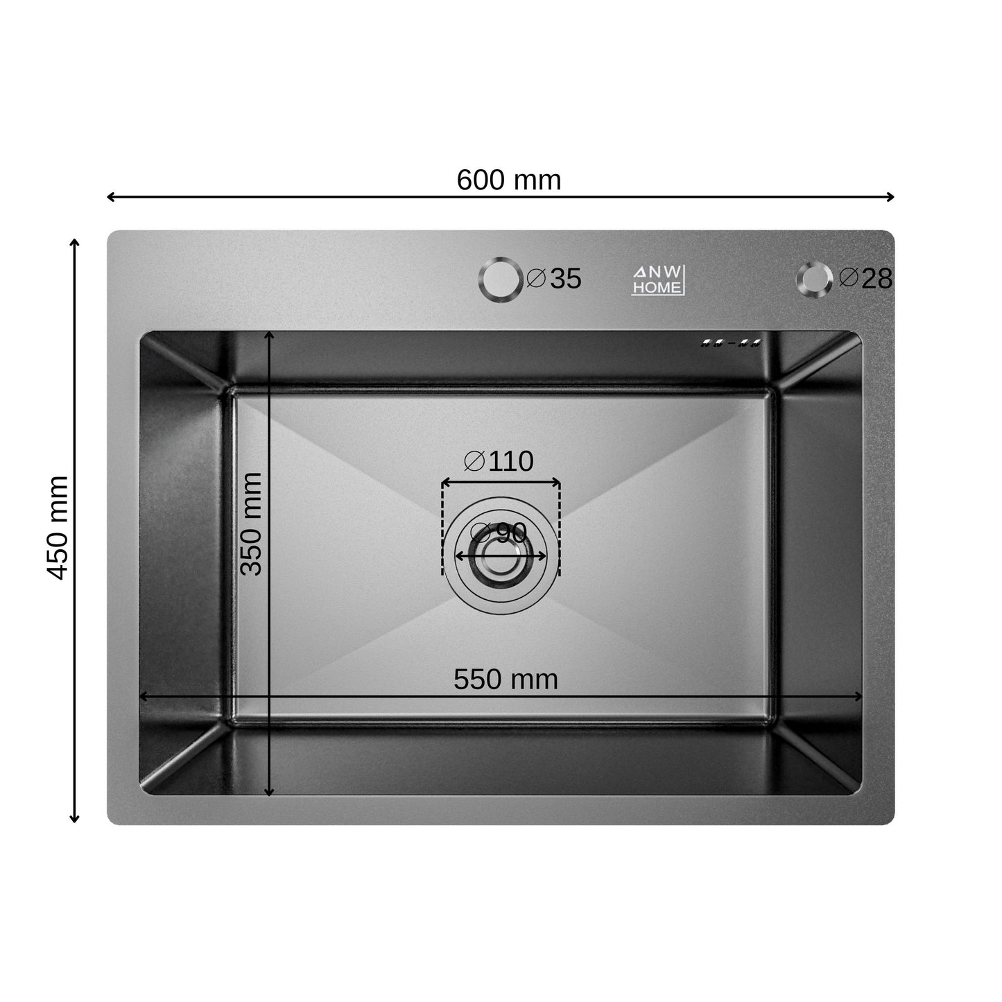 ANW HOME Spülbecken Küchenspüle Einbauspüle 60x45 cm, Edelstahl Spülbecken , Graphit PVD mit Nano-Beschichtung, Stärke 3,0+1 mm, mit Siphon Seifenspender und Korb
