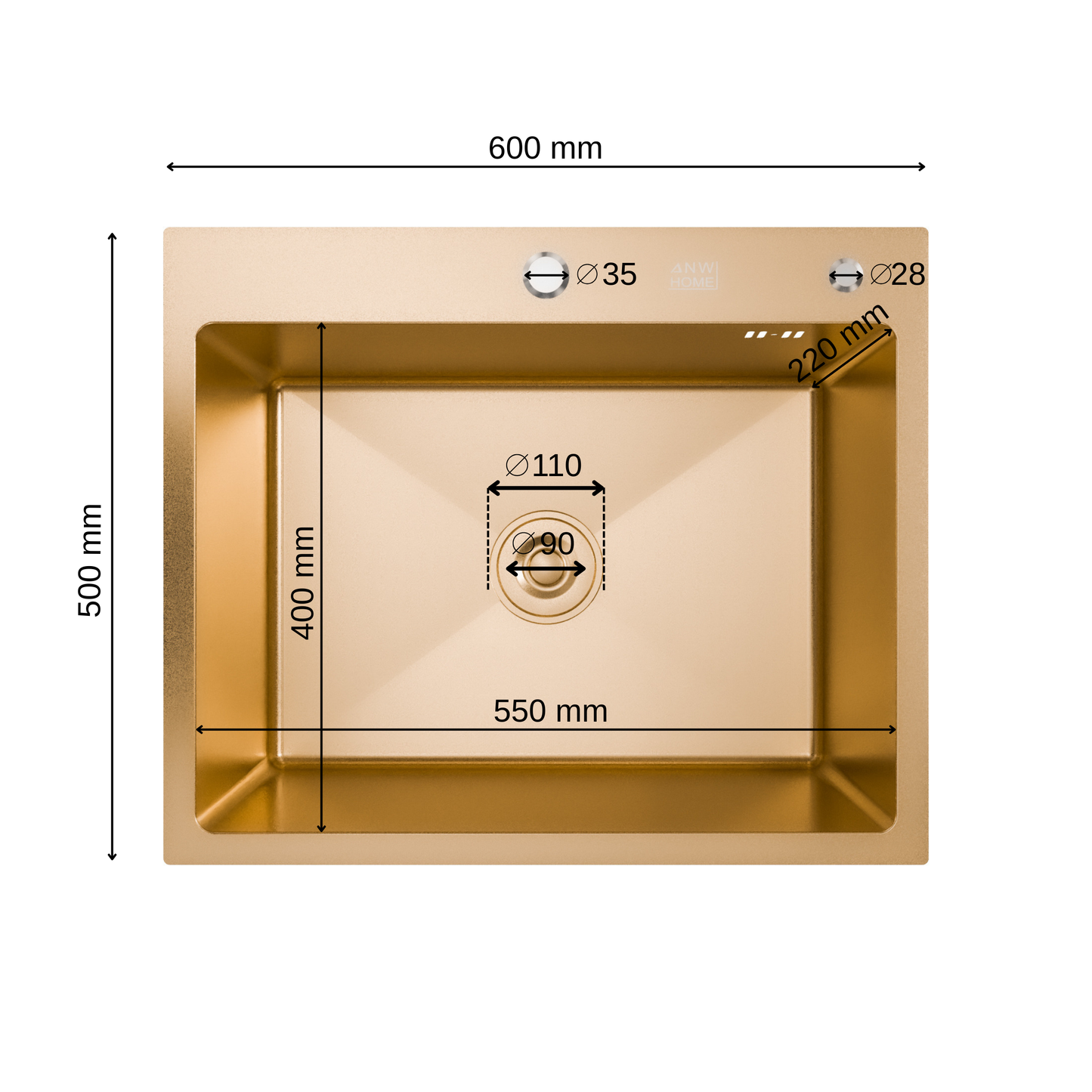 ANW HOME Fregadero Cocina 1 Seno Sobre Encimera, Fregadero Cocina Acero Inoxidable 304, 60x50 cm, Oro PVD, Nano-Revestimiento, Grosor 3,0+1 mm, con Sifón, Dosificador de Jabón y Cesta