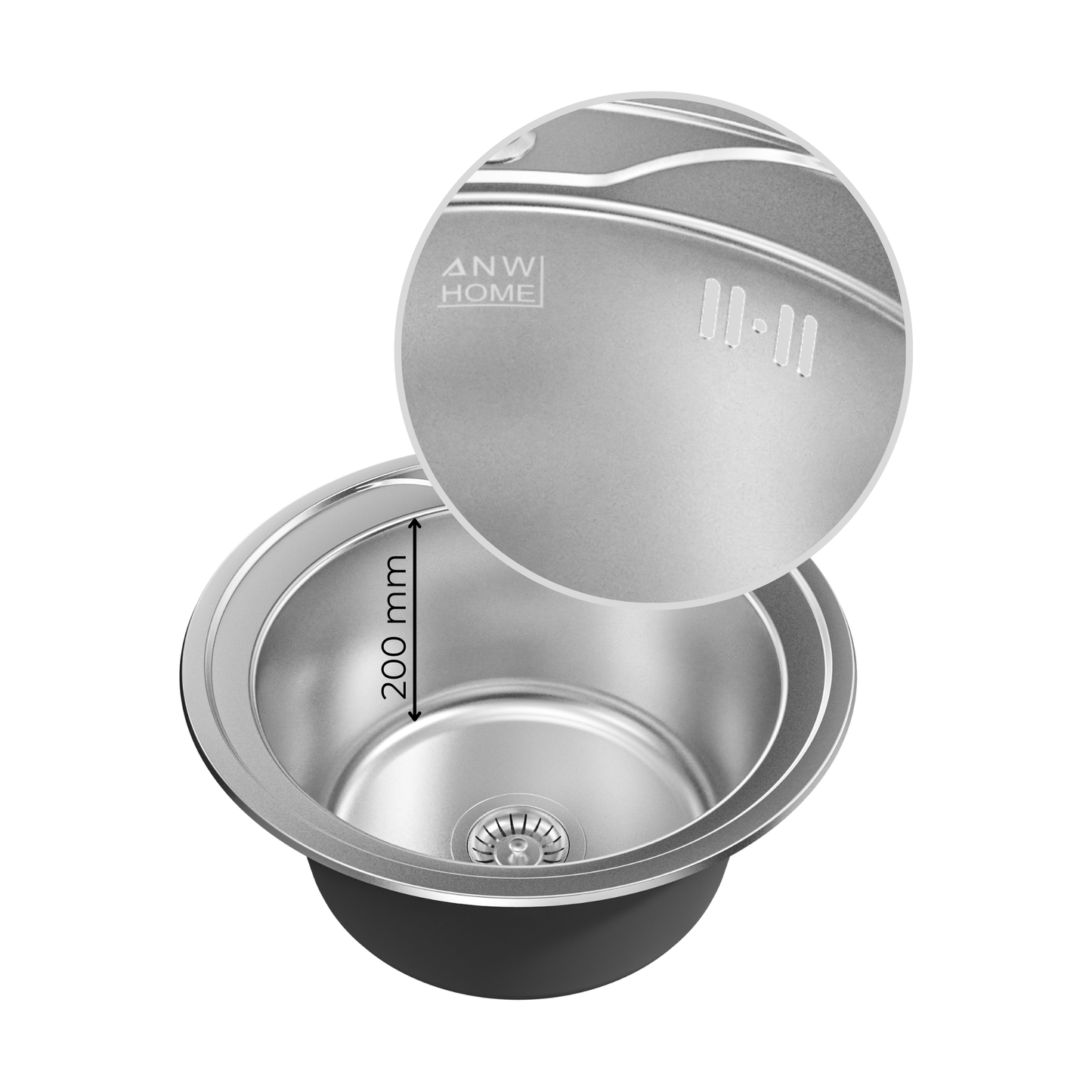 ANW HOME Spülbecken Küche Edelstahl, Küchenspüle Rund Ø49 cm, Einbauspüle, Satinierte Oberfläche, Stärke 1 mm, mit Siphon