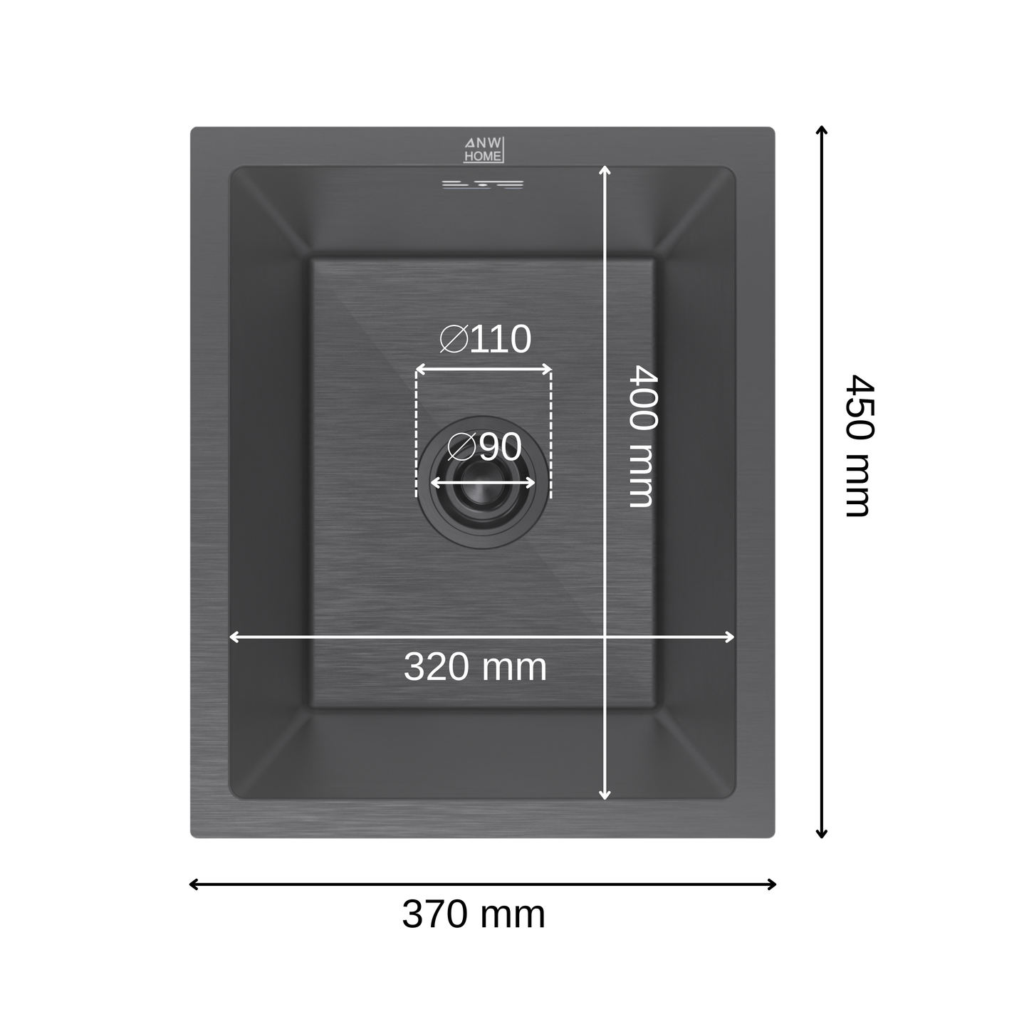 ANW HOME kuchyňský dřez 37x45 cm, nerezový dřez, jednodřez pro spodní montáž, grafit PVD s nano povrchem, tloušťka 3,0+1 mm, se sifonem