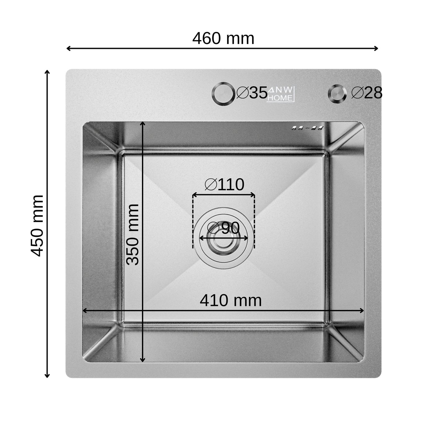 ANW HOME Lavandino Cucina, Lavello Cucina 1 Vasca 46x45 cm in Acciaio Inox con Finitura Nano, Spessore 3.0+1 mm, da Incasso, Argento, con Sifone, Dosatore e Cestello