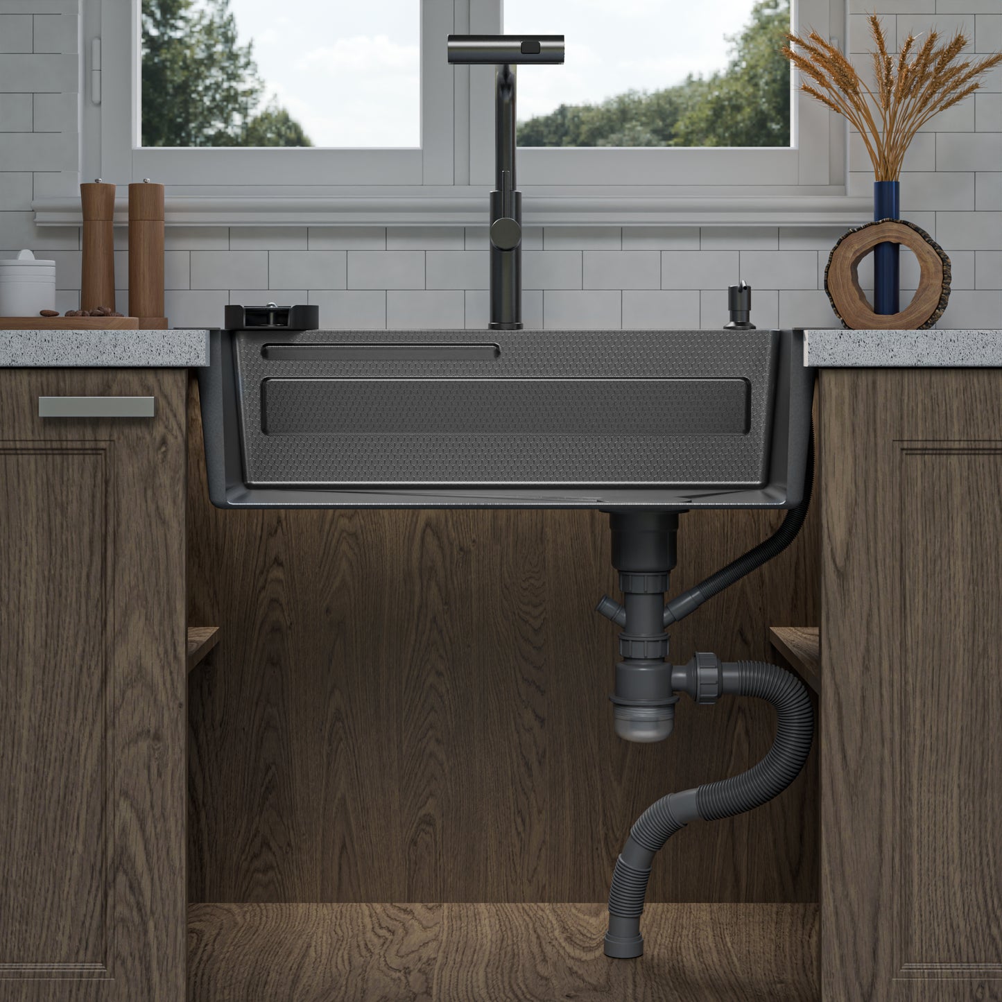 ANW HOME kuchyňský dřez, multifunkční jednodřez, nerezová ocel 304, 75x46 cm, grafit PVD, nano povrch proti poškrábání, 3/1 mm, hloubka 23 cm, s vodopádovou baterií a oplachovačem