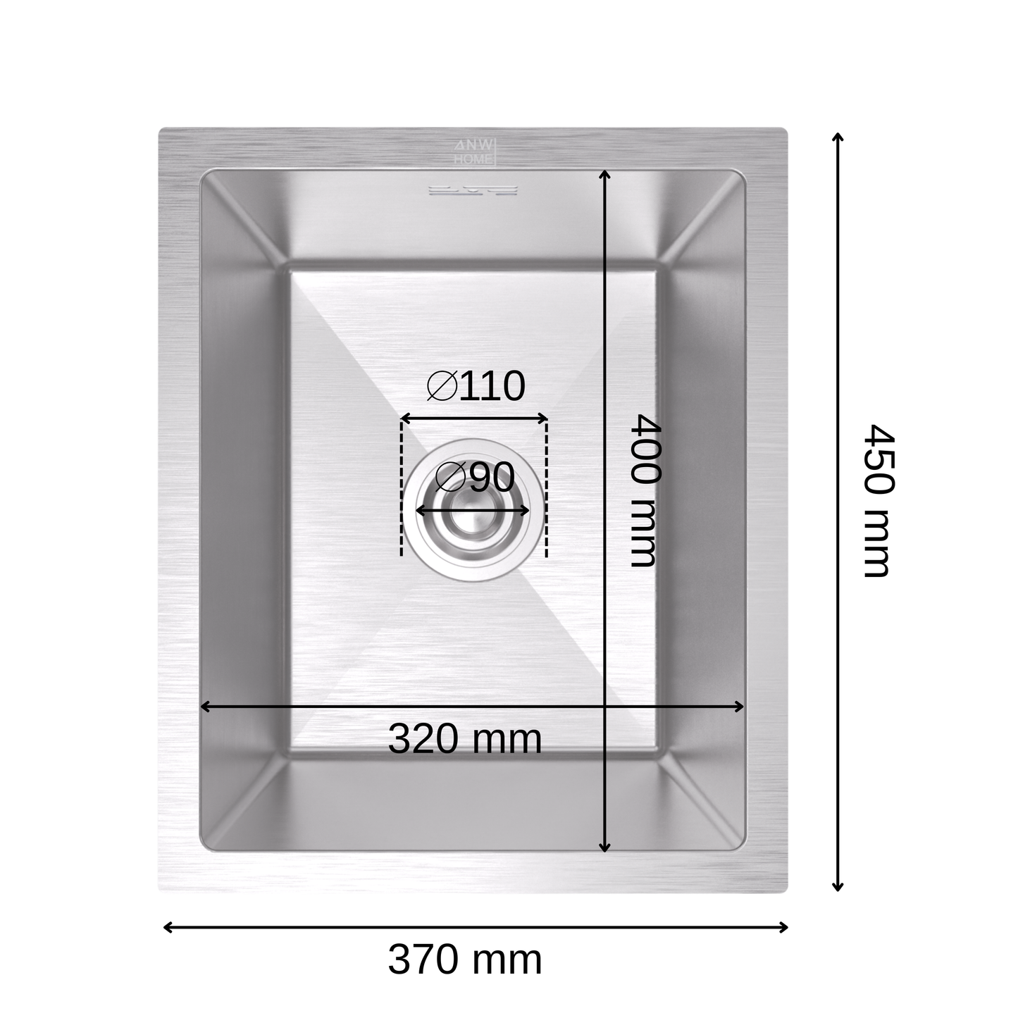 ANW HOME Küchenspüle Edelstahl, Spülbecken 1 Becken Unterbau, Einbauspüle ohne Abtropffläche, 37 x 45 cm, Silber, Nano-Beschichtung, 22 cm Tiefe, Stärke 3,0/1 mm, mit Siphon