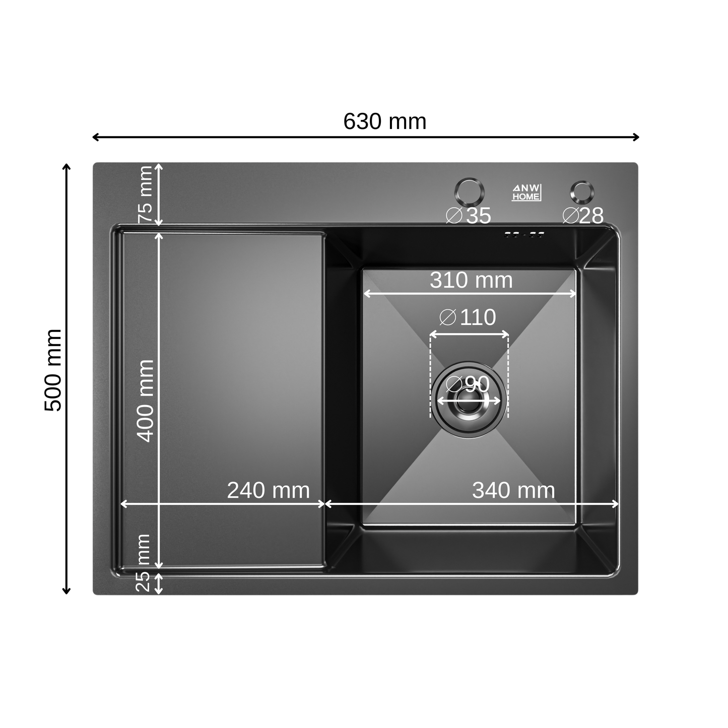 ANW HOME kuchyňský dřez z nerezové oceli 304, jednodřez pro inset montáž s odkapávačem 63x50 cm, grafit PVD, nano povrch, tloušťka 3+1 mm, hloubka vany 22 cm, s odtokovou sadou