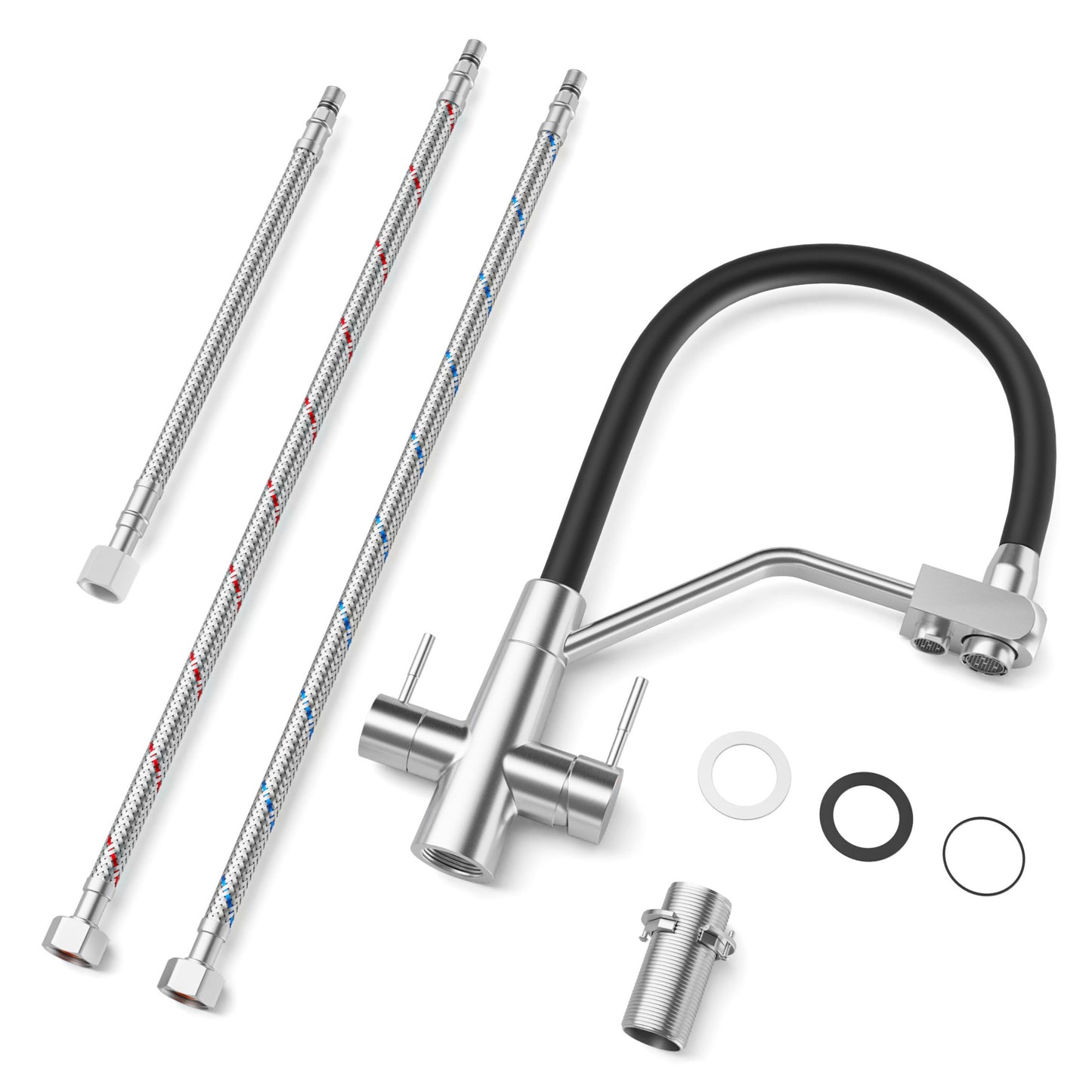ANW HOME Three-Way Brushed Inox Kitchen Faucet with Pull-Out Spout and 360° Rotation – 425 mm