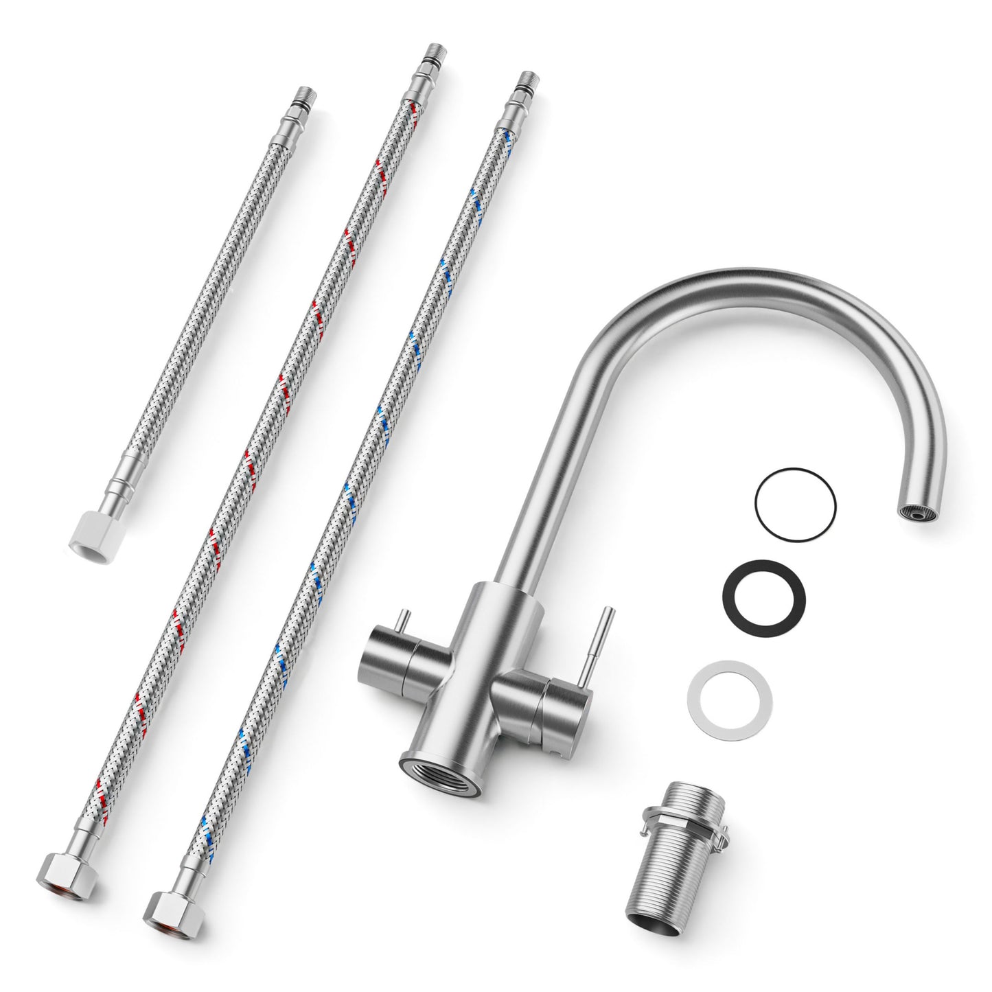ANW HOME Three-Way Brushed Inox Kitchen Faucet with 360° Swivel Spout – 405 mm