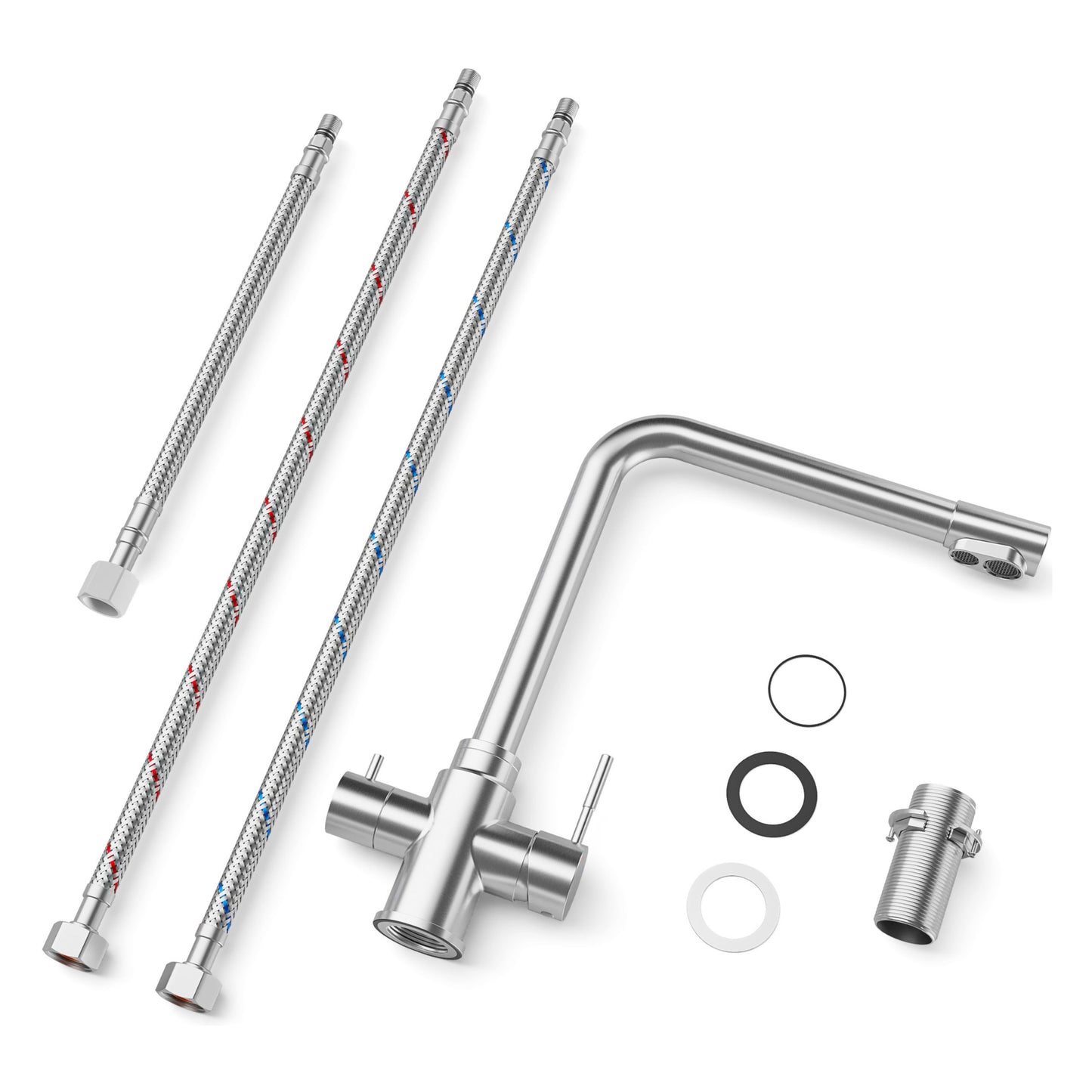 ANW HOME Three-Way Brushed Inox Kitchen Faucet with Straight 360° Swivel Spout – 340 mm