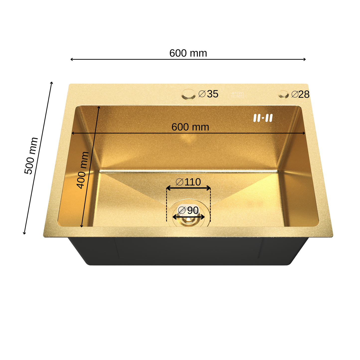 ANW HOME Kuchyňský dřez 65x45 cm, nerezový dřez, jednodřez pro horní montáž ve zlatém PVD provedení s nano povrchem, tloušťka 3,0+1 mm, se sifonem, dávkovačem saponátu a košíkem