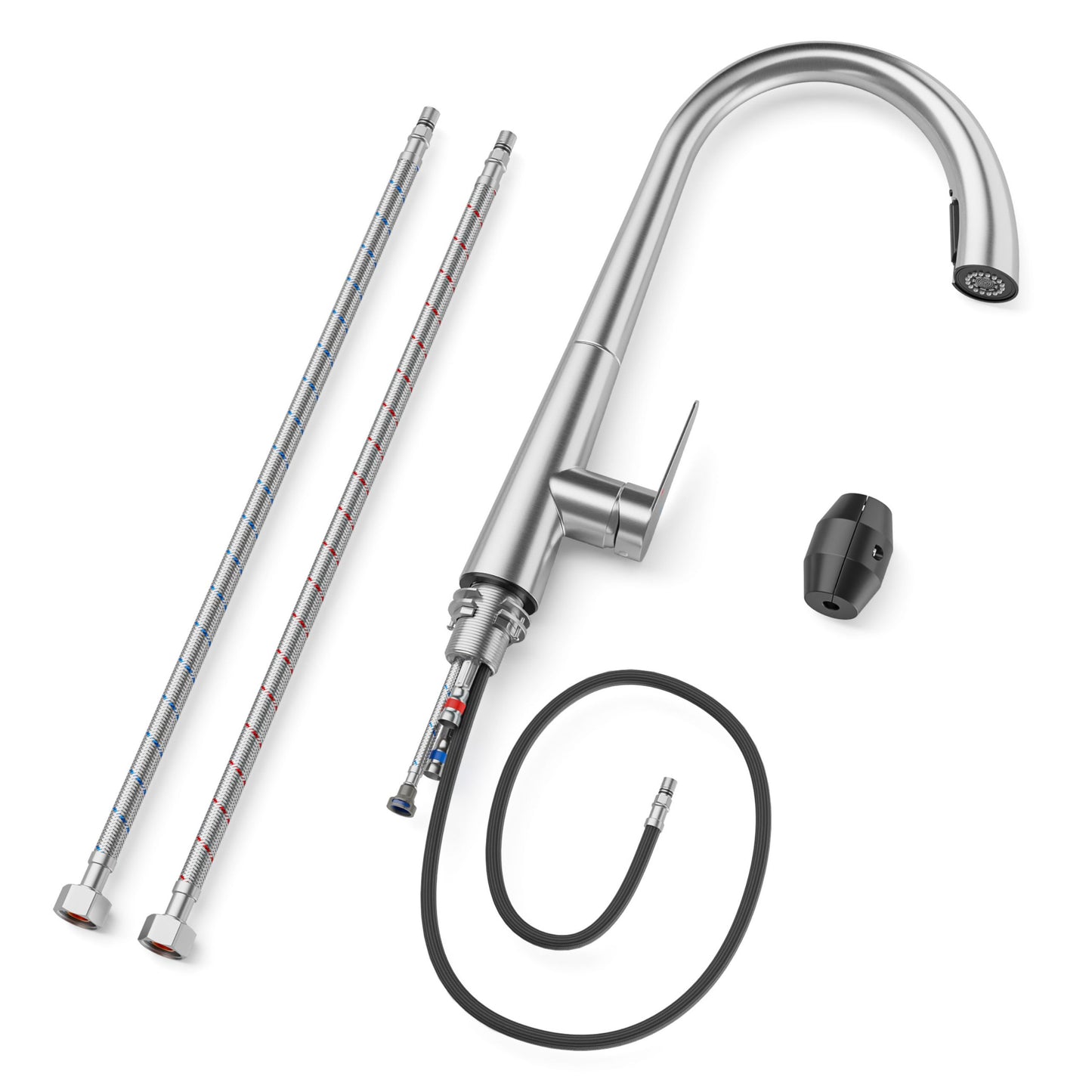ANW HOME Medium-Arc Brushed Inox Kitchen Faucet with Pull-Out Spout and 360° Rotation – 430 mm