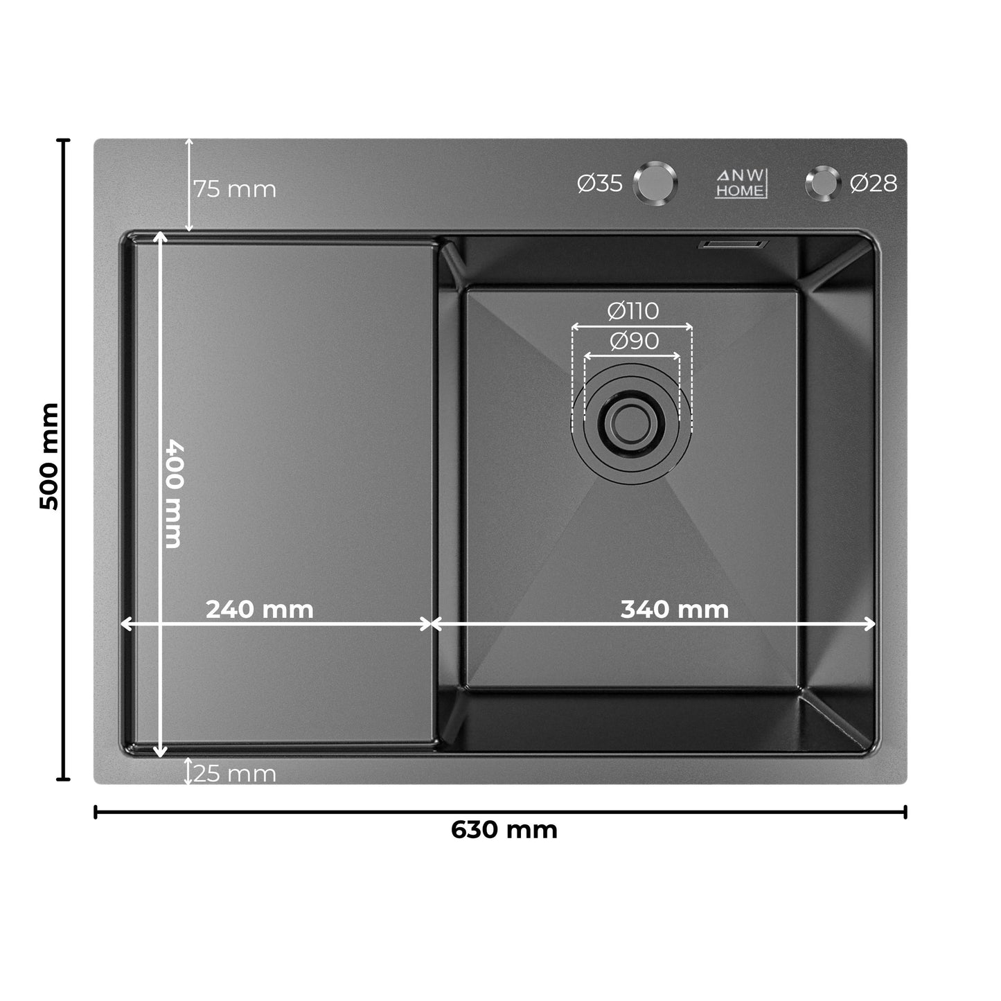 ANW HOME virtuves izlietne no 304 nerūsējošā tērauda, vienas bļodas iegremdējama izlietne ar notecinātāju 63x50 cm, grafīta PVD, nano pārklājums, biezums 3+1 mm, bļodas dziļums 22 cm, ar notekas komplektu