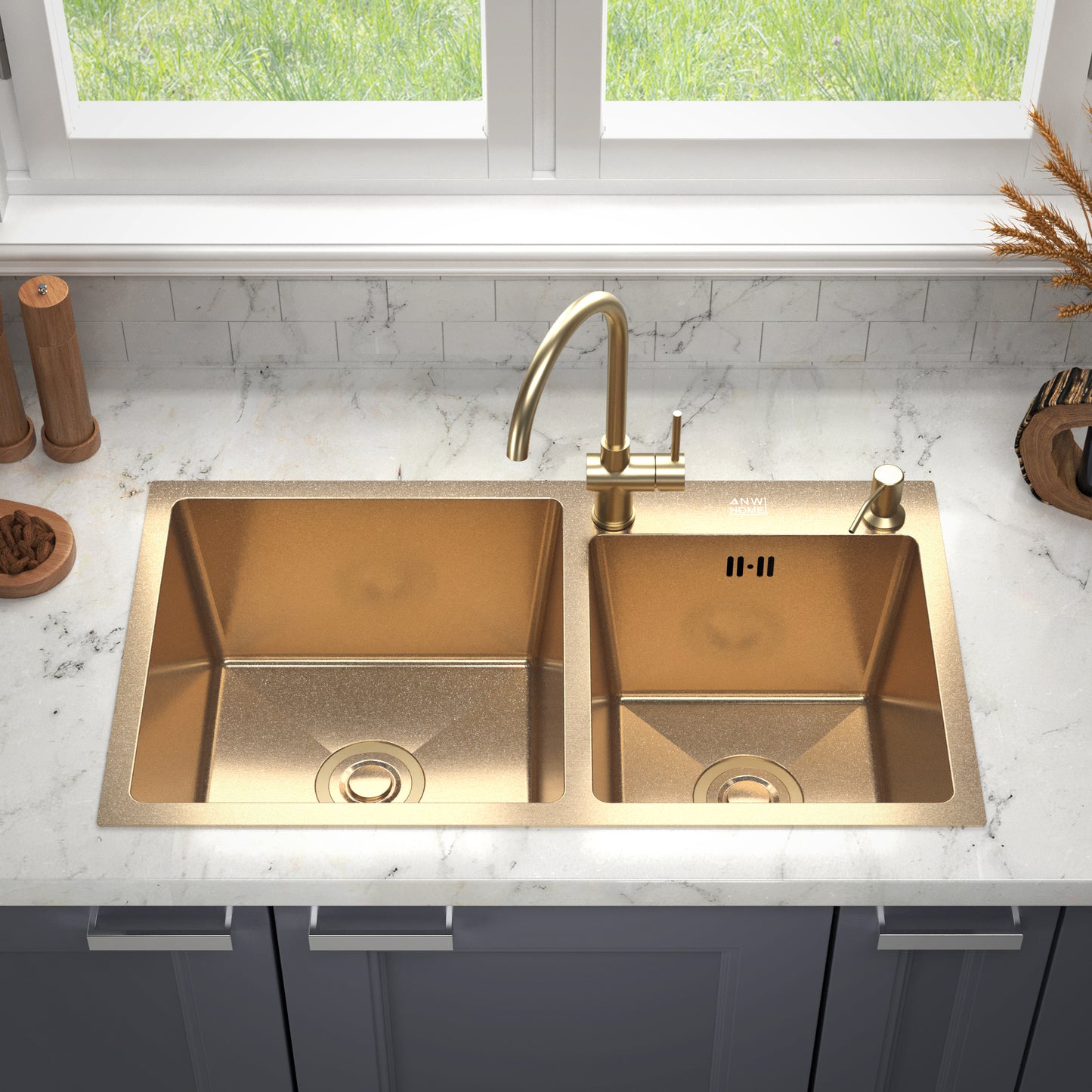 Top-Mount Double Bowl Kitchen Sink 78x43 cm – Gold PVD Stainless Steel, Full Set
