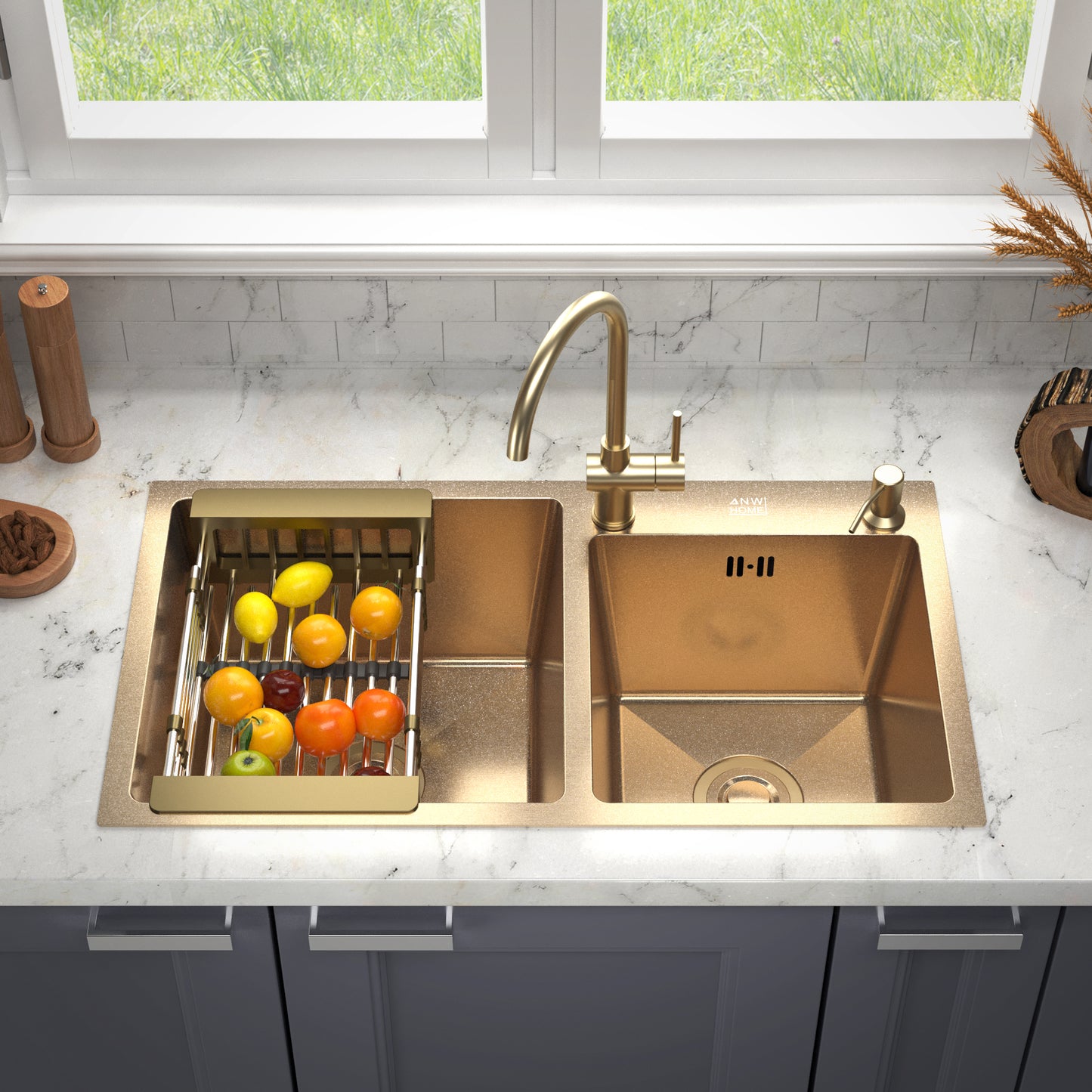 Top-Mount Double Bowl Kitchen Sink 78x43 cm – Gold PVD Stainless Steel, Full Set