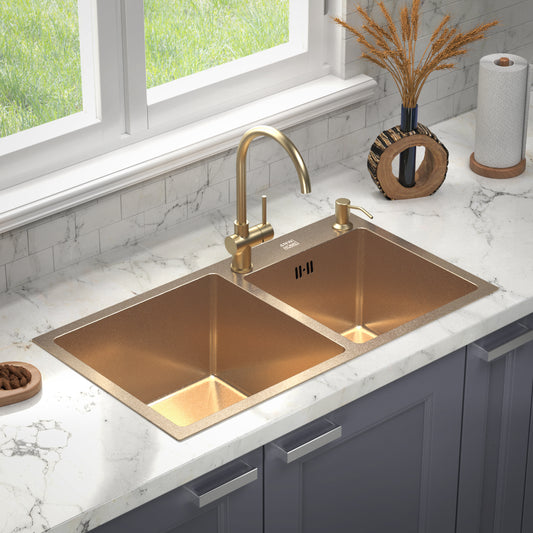 ANW HOME kuchyňský dřez z nerezové oceli 78x43 cm, dvoudřez pro horní montáž, zlaté PVD s nano povrchem, tloušťka 3,0+1 mm