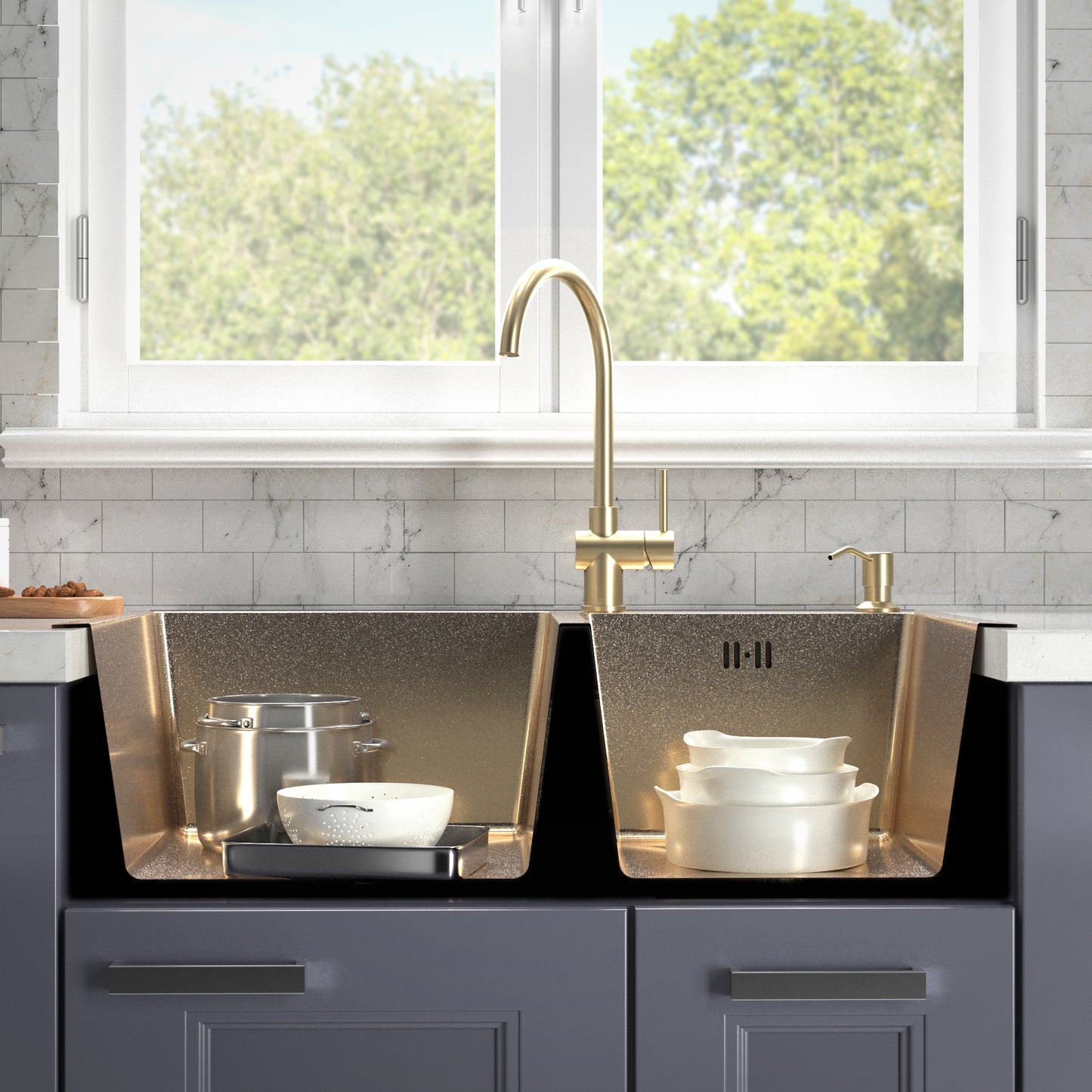 Top-Mount Double Bowl Kitchen Sink 78x43 cm – Gold PVD Stainless Steel, Full Set