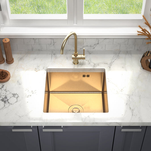 ANW HOME 44 x 44 cm Unterbauspüle für die Küche – Gold-PVD-Edelstahl mit Siphon und Montagesatz