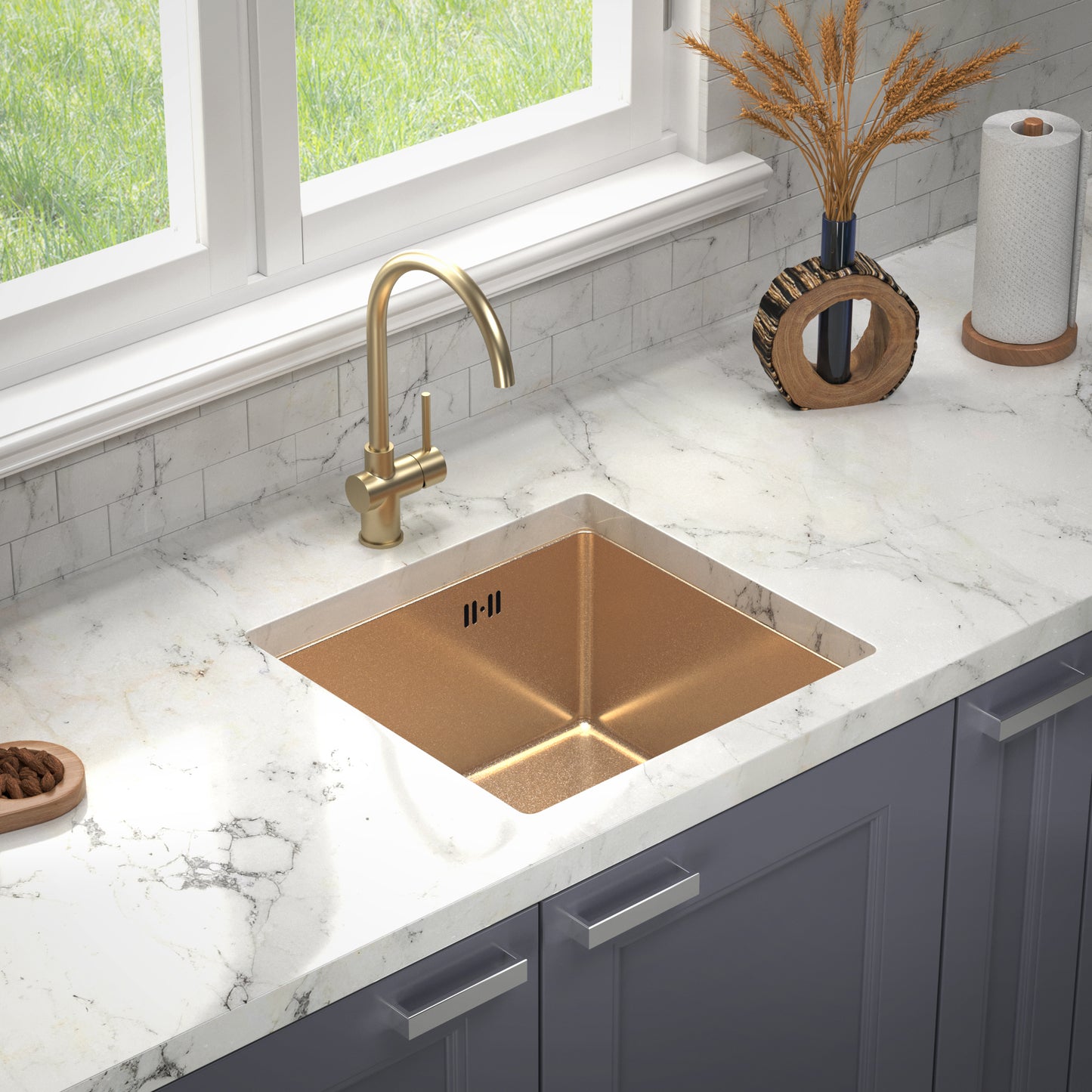 ANW HOME 44 x 44 cm Unterbauspüle für die Küche – Gold-PVD-Edelstahl mit Siphon und Montagesatz