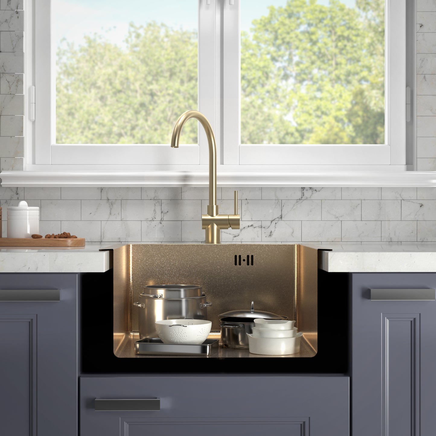 ANW HOME 44 x 44 cm Unterbauspüle für die Küche – Gold-PVD-Edelstahl mit Siphon und Montagesatz