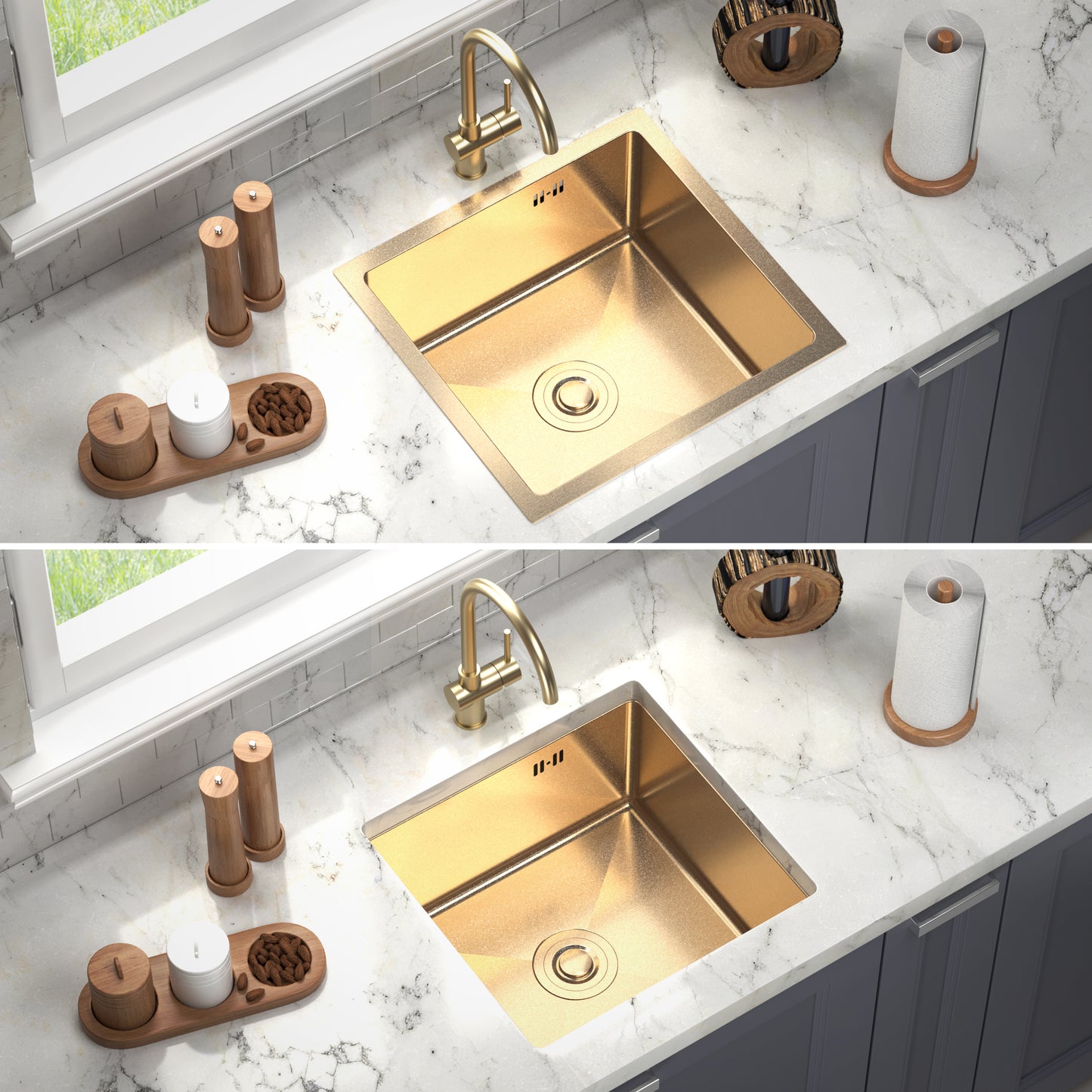 ANW HOME 44 x 44 cm Unterbauspüle für die Küche – Gold-PVD-Edelstahl mit Siphon und Montagesatz