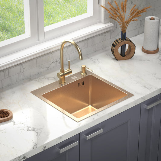 46x45 cm Single-Bowl Kitchen Sink – Gold Finish, 220 mm Deep, Top-Mount, Accessories Included