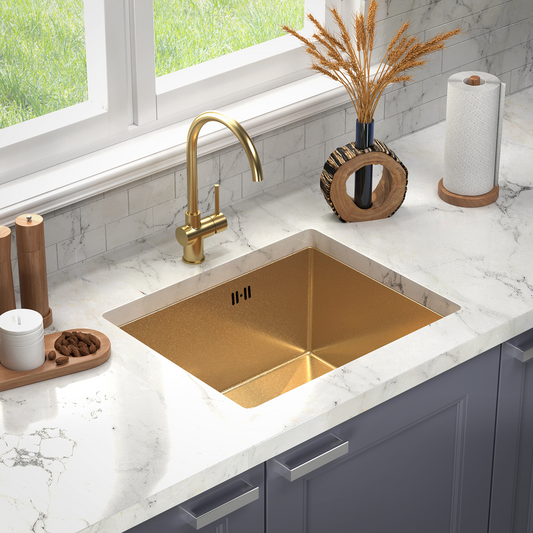 ANW HOME chiuvetă de bucătărie din oțel inoxidabil, chiuvetă sub blat cu o singură cuvă 54x44 cm, auriu PVD, strat nano, grosime 3,0/1 mm, cu sifon
