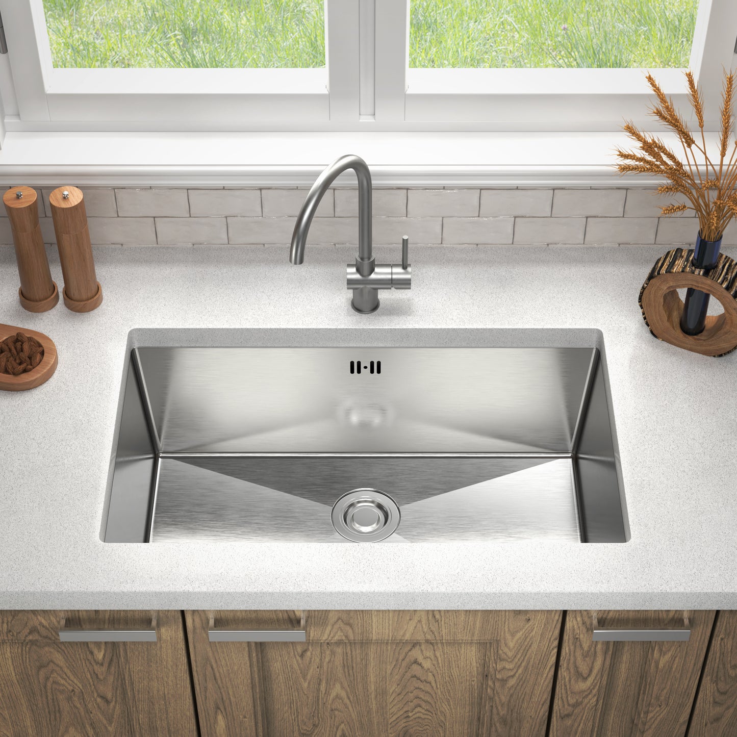 ANW HOME Silberne Unterbauspüle aus Edelstahl, 74 x 44 x 22 cm, komplettes Set