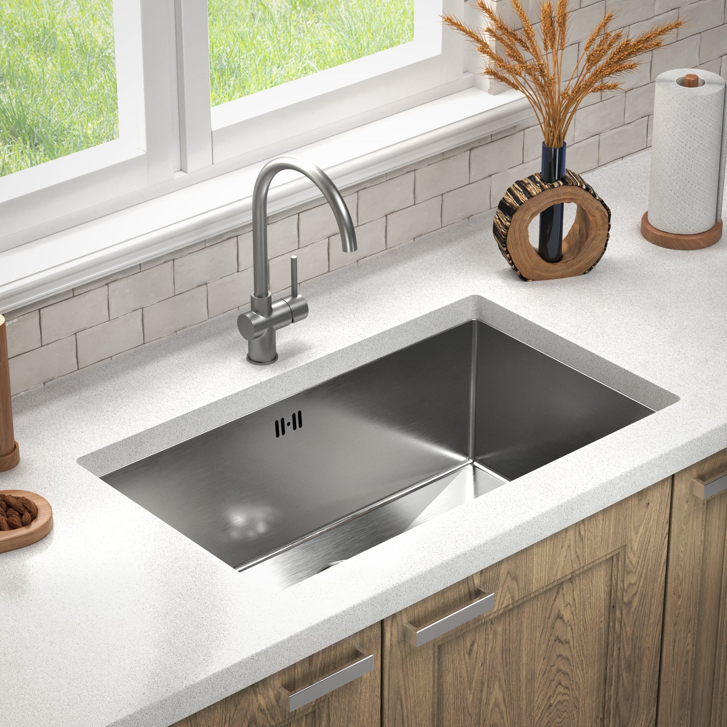 ANW HOME Silberne Unterbauspüle aus Edelstahl, 74 x 44 x 22 cm, komplettes Set