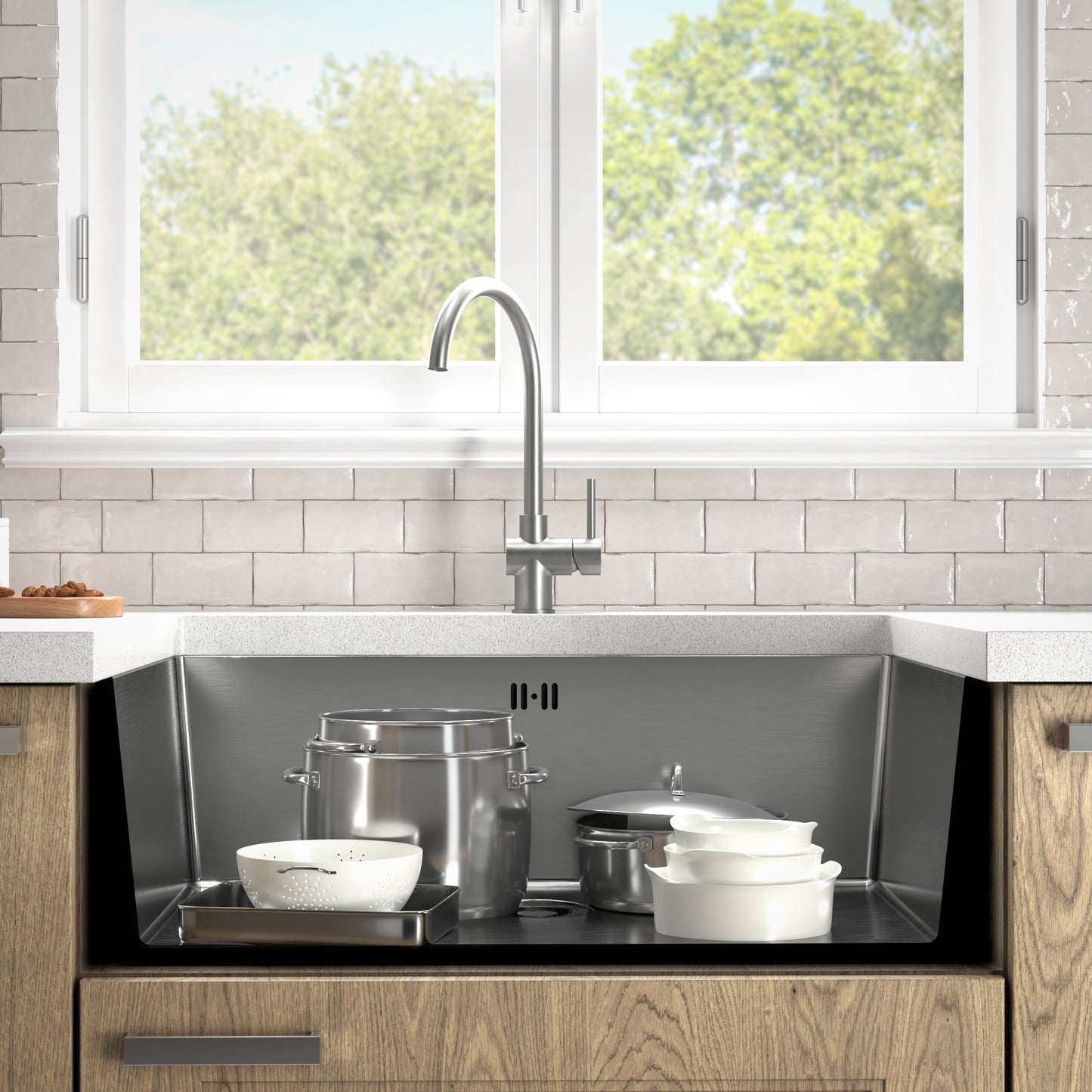 ANW HOME Silberne Unterbauspüle aus Edelstahl, 74 x 44 x 22 cm, komplettes Set