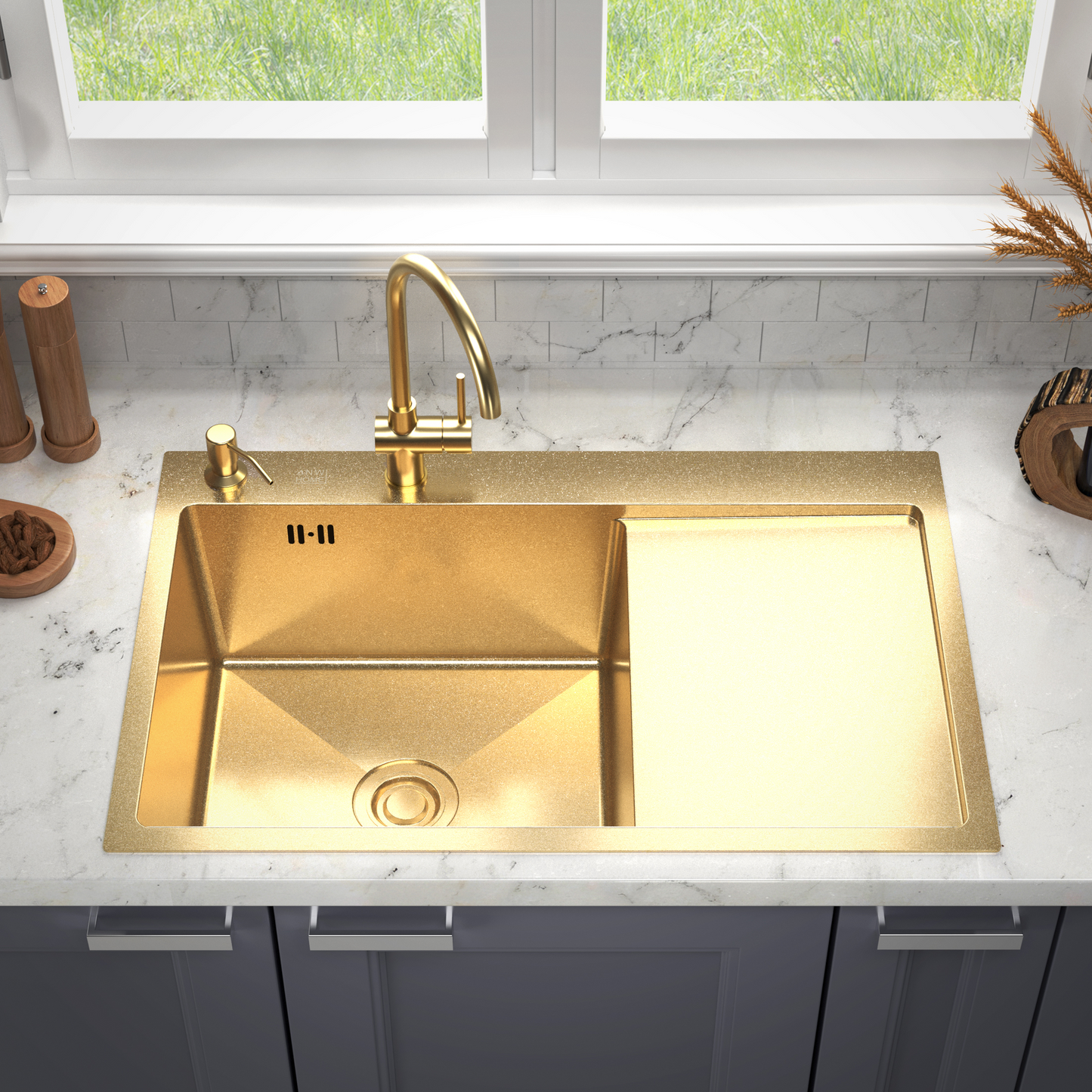 Vieno dubens kriauklė su nusausintuvu 78x50L Auksinė + priedai