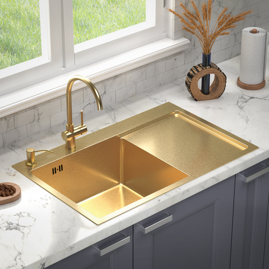 ANW HOME LS-7850LG Nano Gold Single-Bowl Top-Mount Kitchen Sink 78x50 cm – Stainless Steel, Full Set